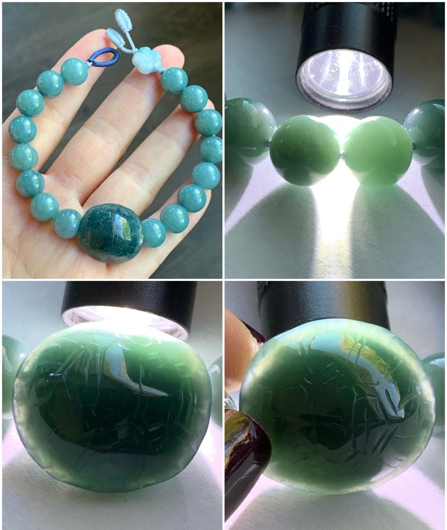 Natural Guatemalan Icy Translucent Dark Teal Blue Jadeite Turtle Shell Charm Dusty Blue Beaded Bracelet 9.9mm 7” 35g 天然糯冰危蓝水翡翠富甲手串 WLF1118