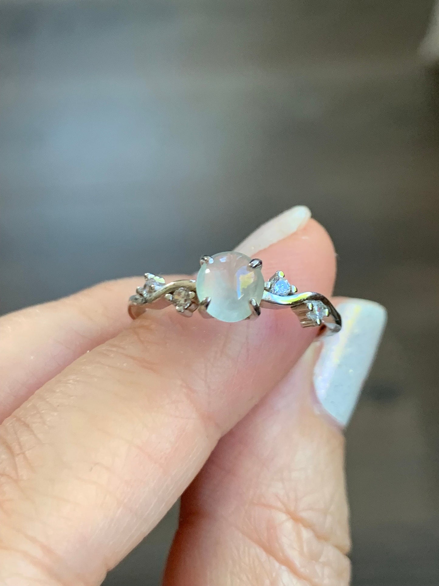 Natural Burmese Icy Highly Translucent Gelatinous White Jadeite Ring Sterling Silver Size Adjustable 天然缅甸白冰翡翠蛋面银镶戒指 XMB50