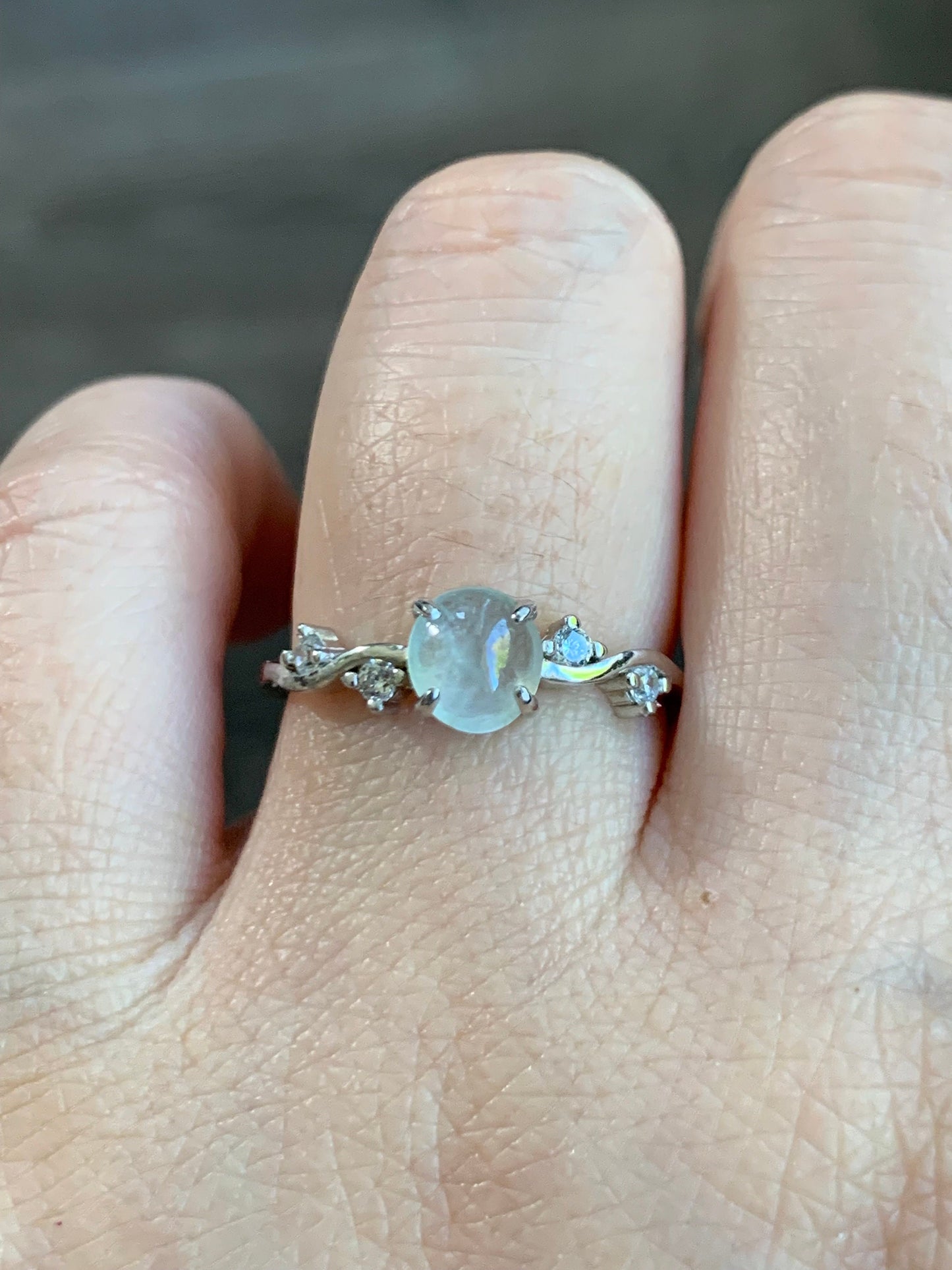 Natural Burmese Icy Highly Translucent Gelatinous White Jadeite Ring Sterling Silver Size Adjustable 天然缅甸白冰翡翠蛋面银镶戒指 XMB50