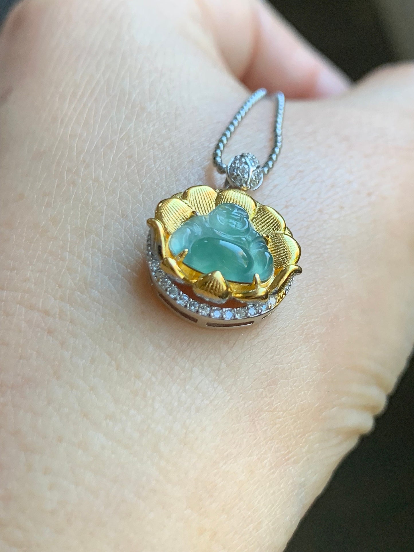 Petite Natural Guatemalan Premium Icy Highly Translucent Teal Blue Jadeite Buddha Pendant Two-Tone Sterling Silver 天然高冰危蓝翡翠小佛公银镶吊坠