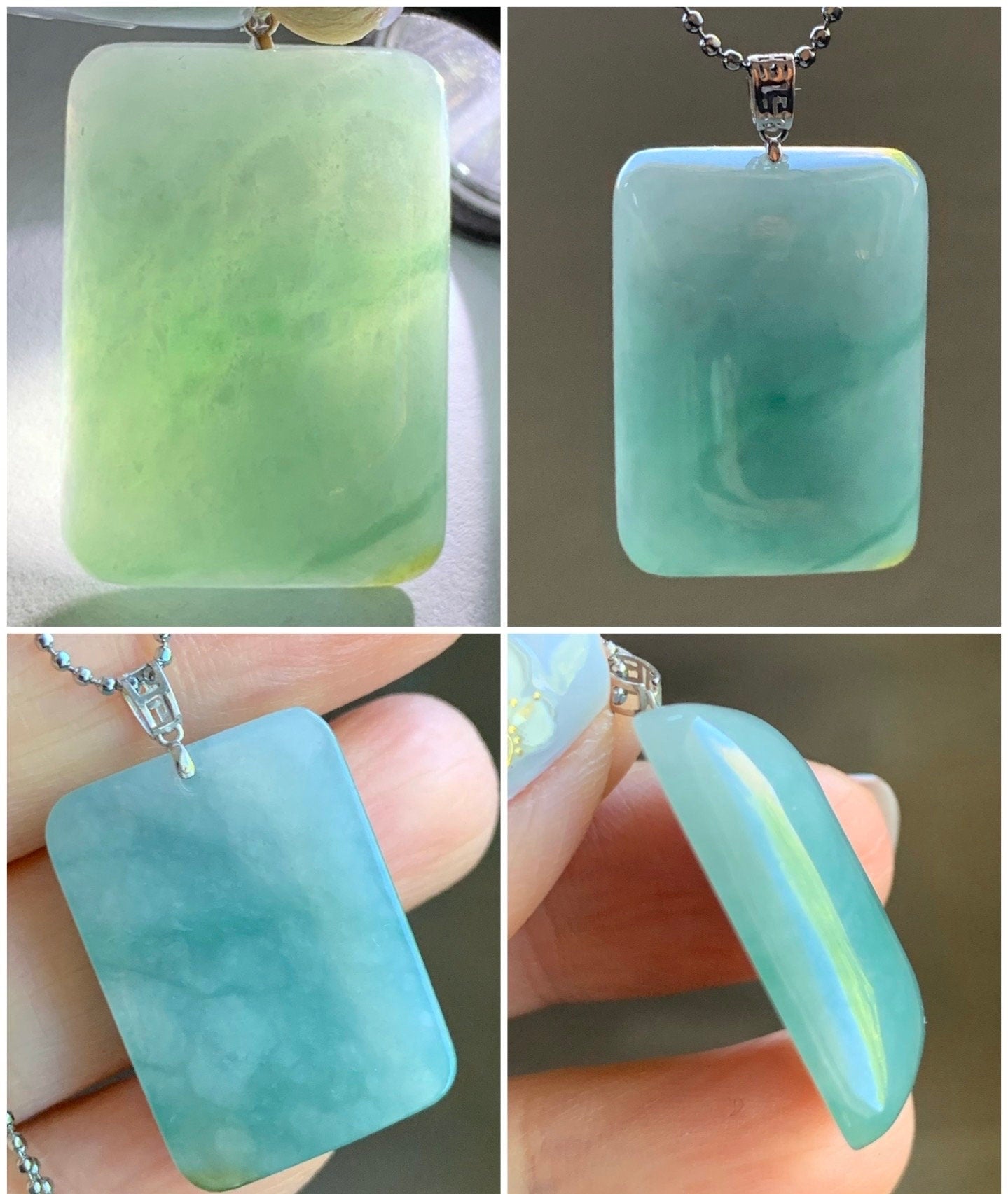 Natural Burmese Icy Translucent Sky Blue Jadeite Rectangle Pendant 18KWhite Gold 8g 天然缅甸糯冰天空蓝翡翠牌镶嵌吊坠