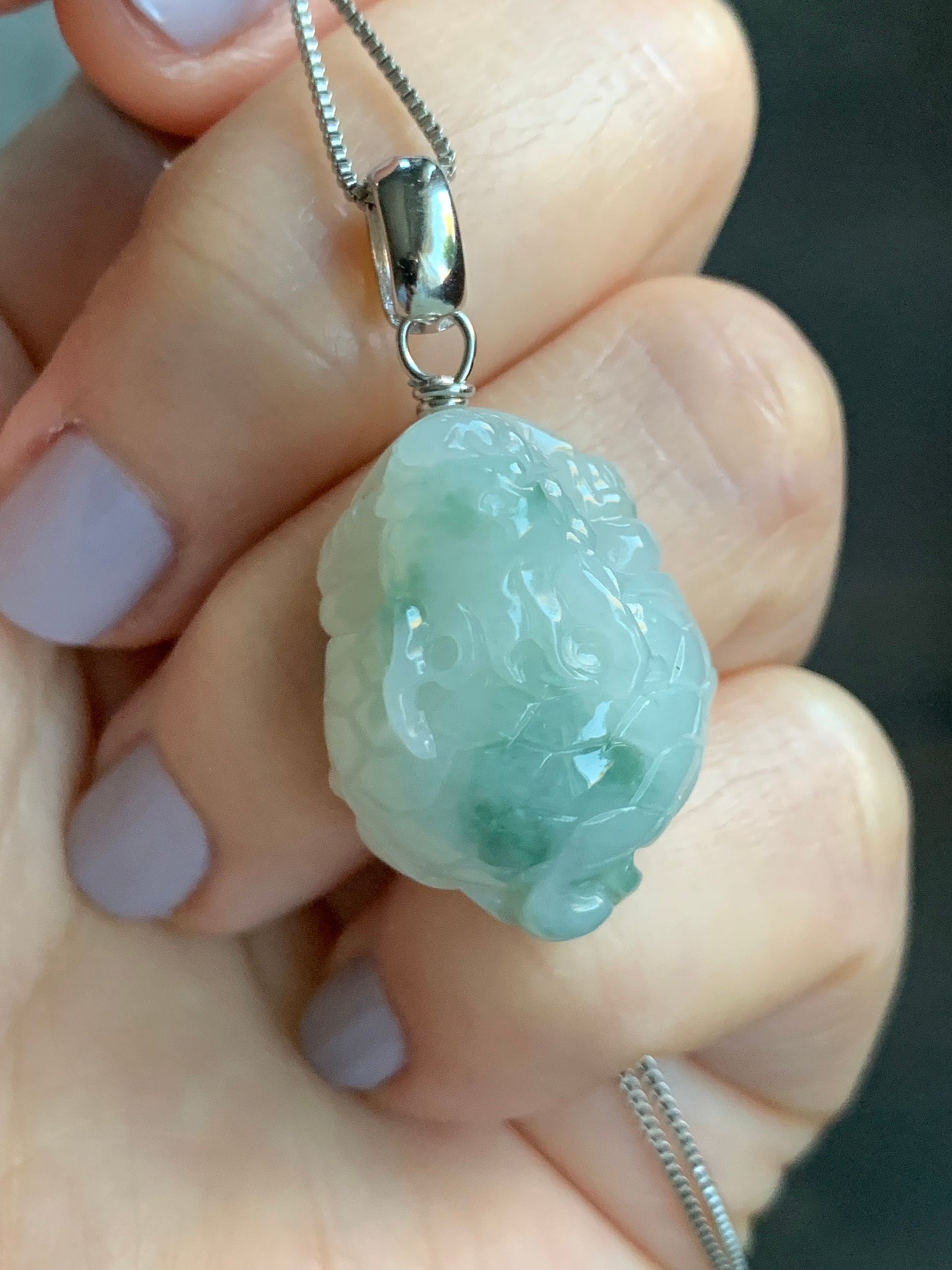Natural Burmese Icy Translucent Gelatinous Green Marbled Jadeite Dragon Turtle Pendant Sterling Silver 天然缅甸糯冰胶飘花翡翠龙龟吊坠