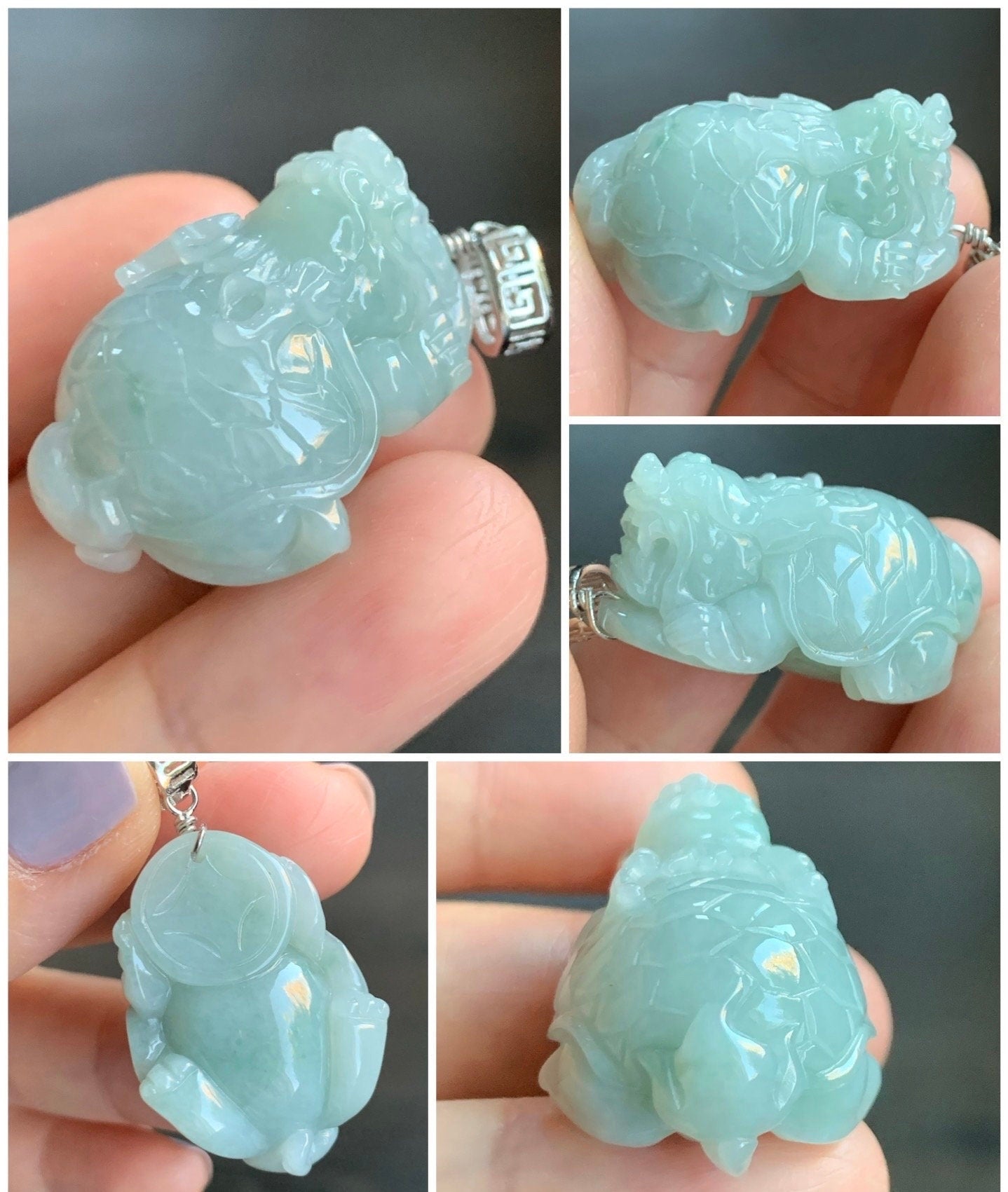 Natural Burmese Icy Translucent Gelatinous Light Green Jadeite Dragon Turtle Pendant Sterling Silver 天然缅甸糯冰胶晴色翡翠龙龟吊坠