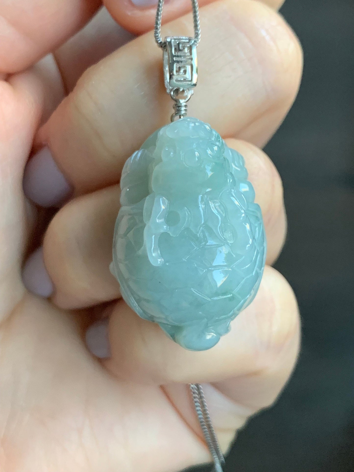 Natural Burmese Icy Translucent Gelatinous Light Green Jadeite Dragon Turtle Pendant Sterling Silver 天然缅甸糯冰胶晴色翡翠龙龟吊坠