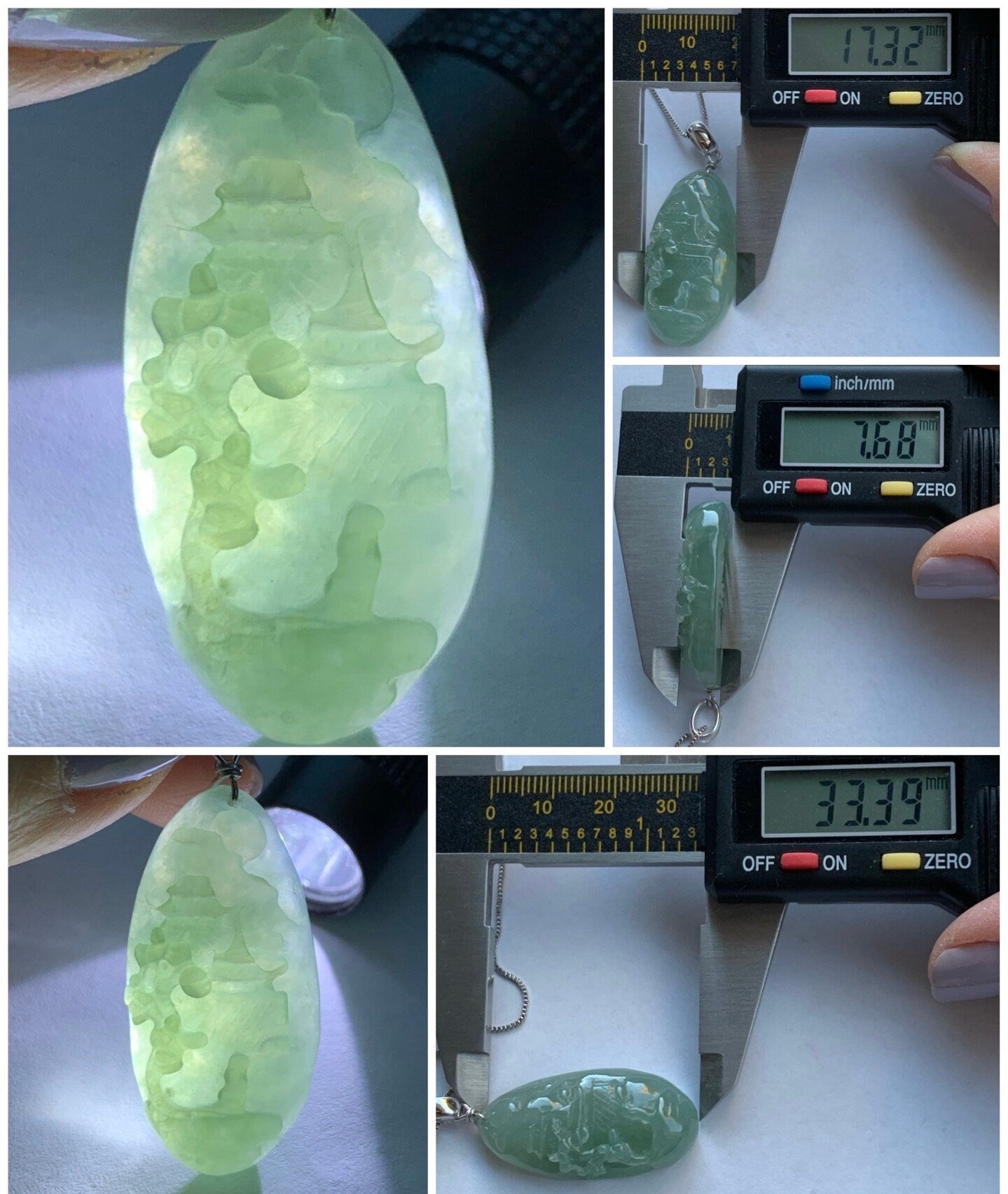 Natural Burmese Icy Translucent Gelatinous Dusty Green Jadeite Shan Shui Pai Landscape Scenery Pendant Sterling Silver 天然缅甸冰晴绿翡翠精工雕山水牌吊坠