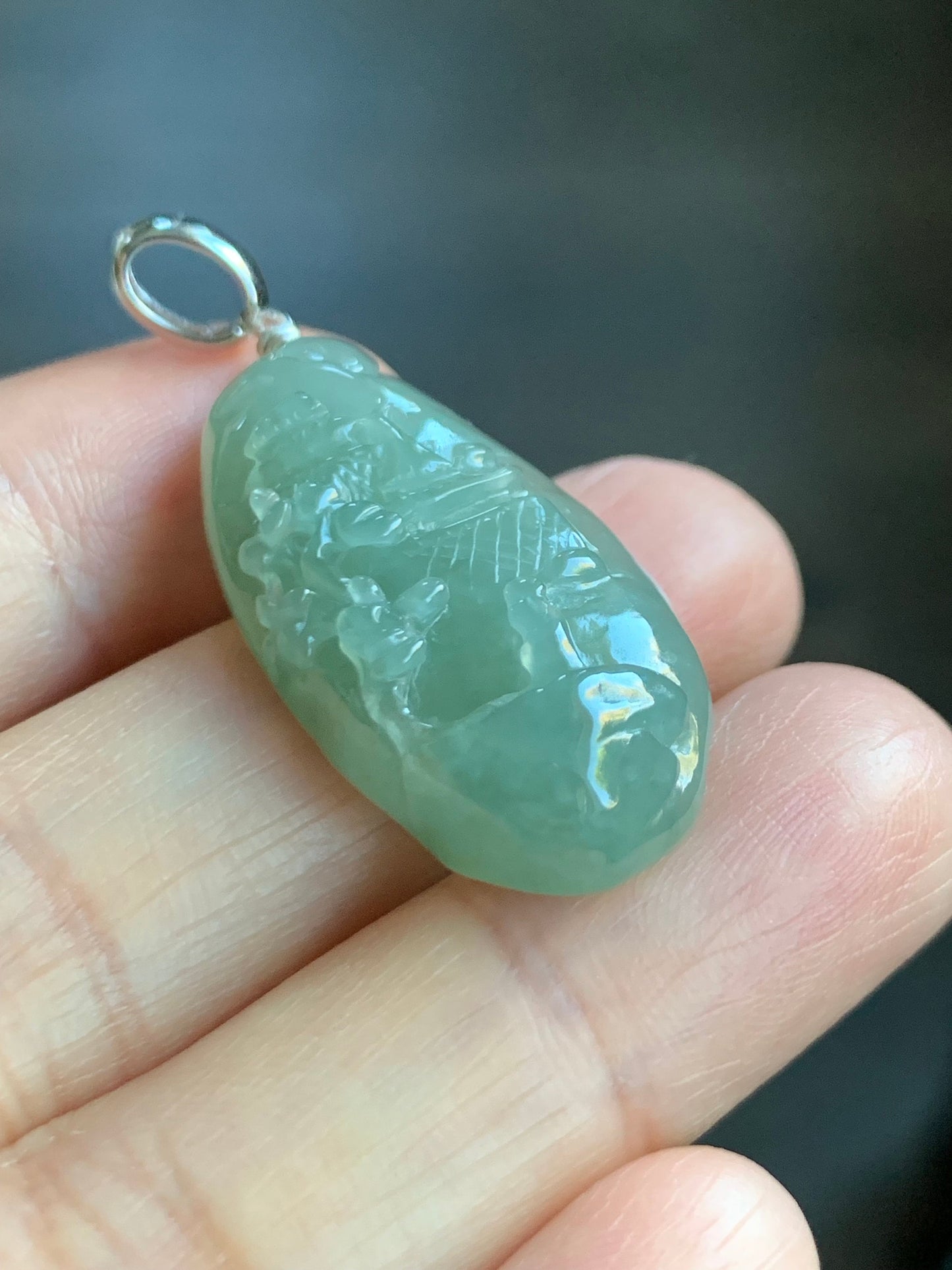 Natural Burmese Icy Translucent Gelatinous Dusty Green Jadeite Shan Shui Pai Landscape Scenery Pendant Sterling Silver 天然缅甸冰晴绿翡翠精工雕山水牌吊坠