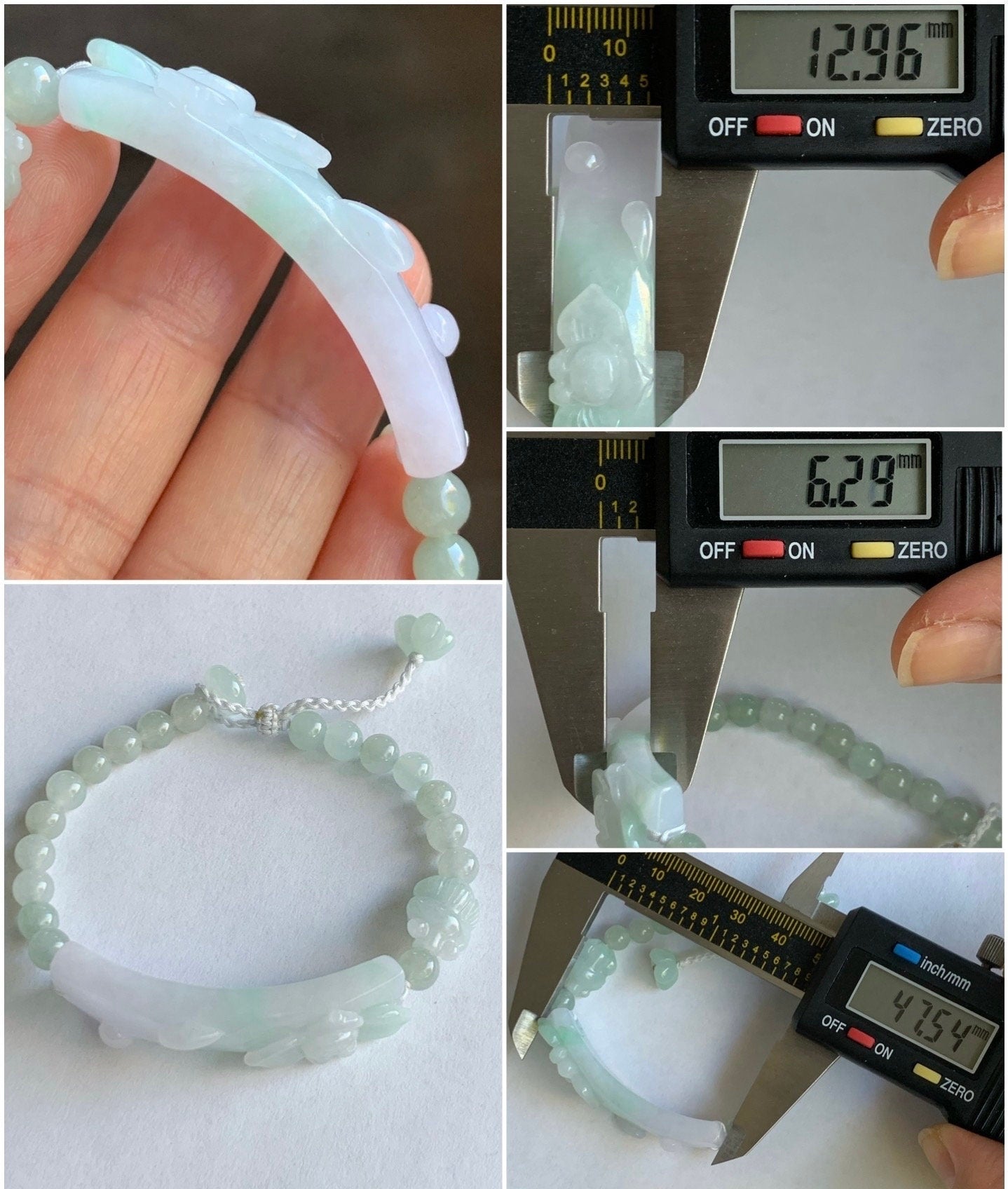 Natural Burmese Grade A Icy Translucent Light Purple & Green Jadeite Spring Color Lotus Flower Beaded Bracelet Adjustable 天然缅甸冰春彩翡翠莲花手牌手串