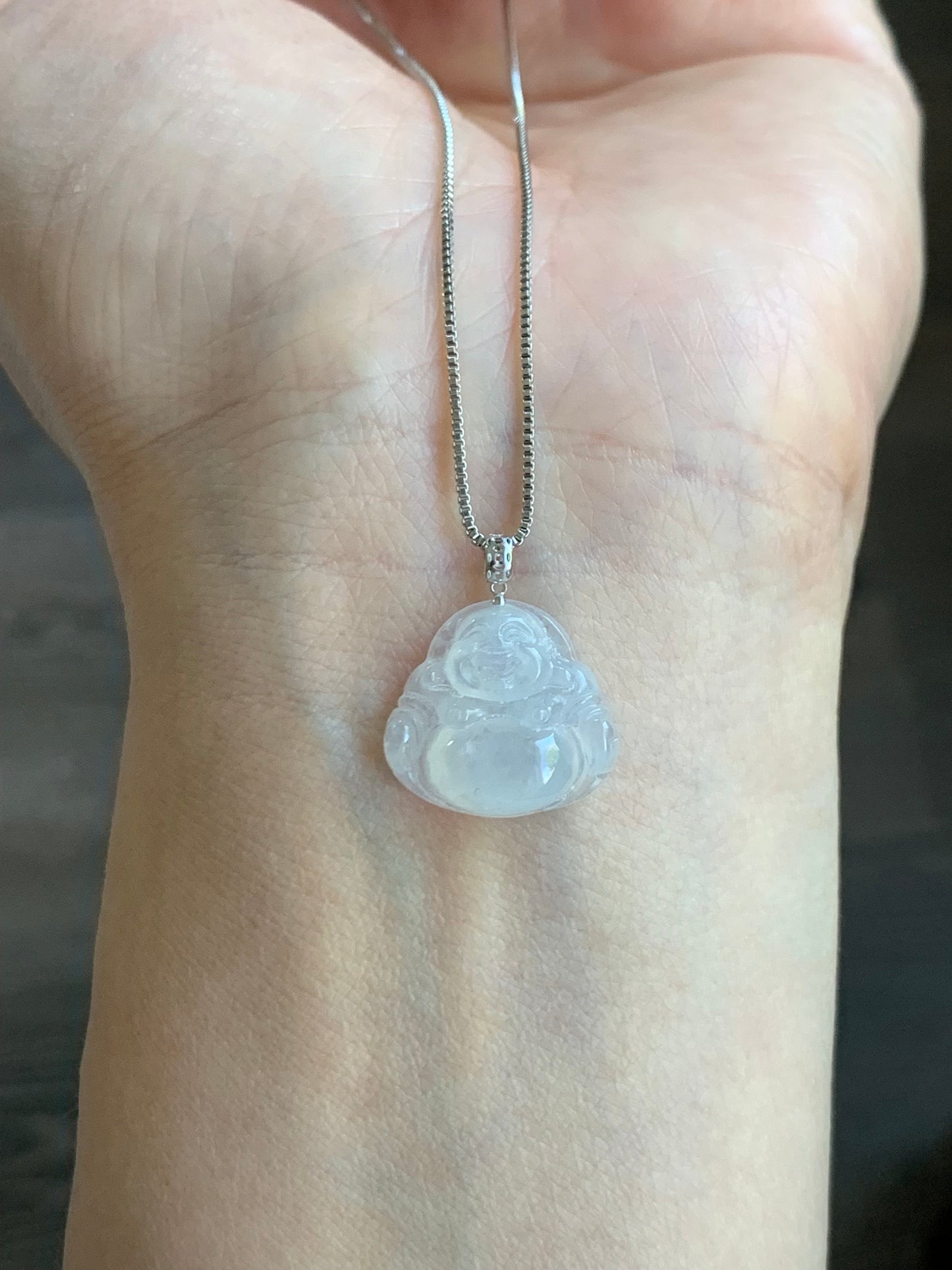 Petite Natural Burmese Icy Translucent Gelatinous White Jadeite Buddha Pendant 18K White Gold 天然缅甸白冰翡翠佛公镶嵌吊坠 SJT42C