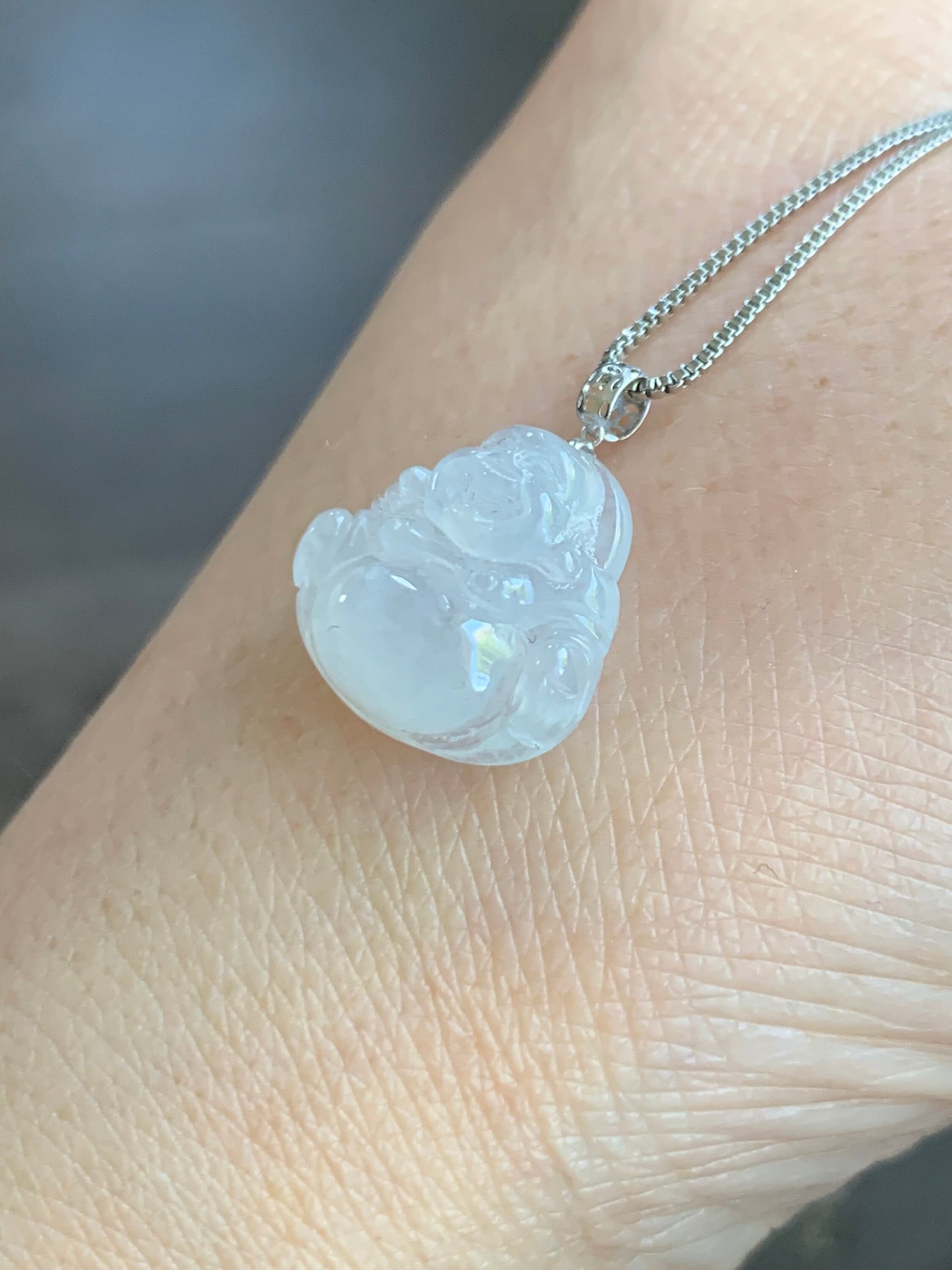 Petite Natural Burmese Icy Translucent Gelatinous White Jadeite Buddha Pendant 18K White Gold 天然缅甸白冰翡翠佛公镶嵌吊坠 SJT42C