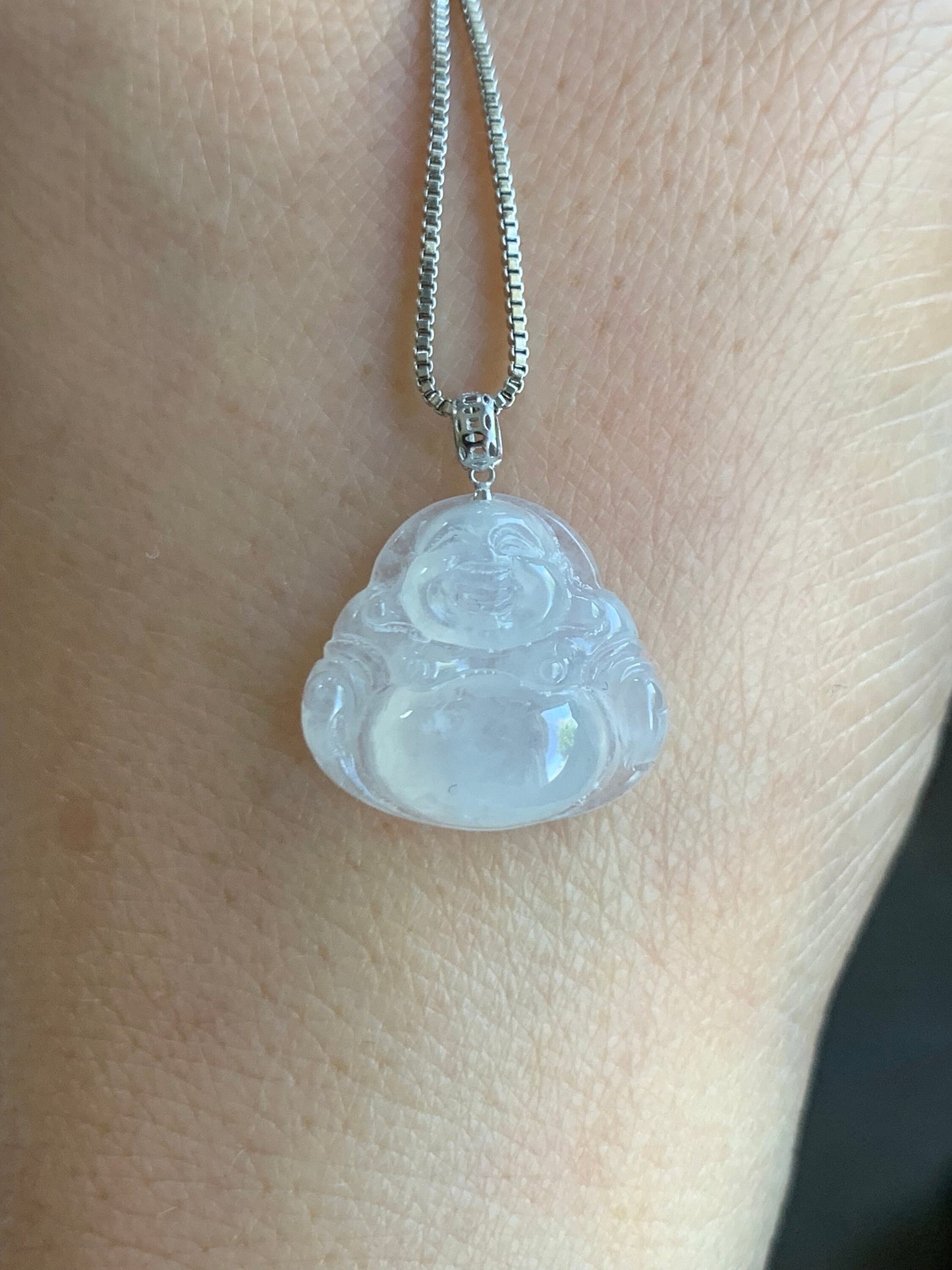 Petite Natural Burmese Icy Translucent Gelatinous White Jadeite Buddha Pendant 18K White Gold 天然缅甸白冰翡翠佛公镶嵌吊坠 SJT42C