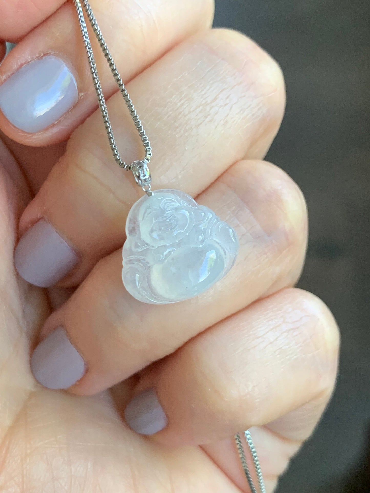Petite Natural Burmese Icy Translucent Gelatinous White Jadeite Buddha Pendant 18K White Gold 天然缅甸白冰翡翠佛公镶嵌吊坠 SJT42C