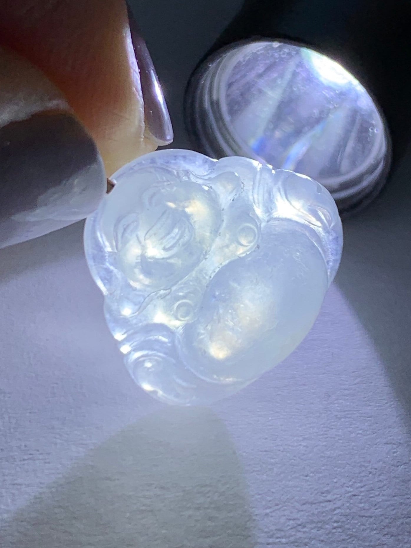 Petite Natural Burmese Icy Translucent Gelatinous White Jadeite Buddha Pendant 18K White Gold 天然缅甸白冰翡翠佛公镶嵌吊坠 SJT42C