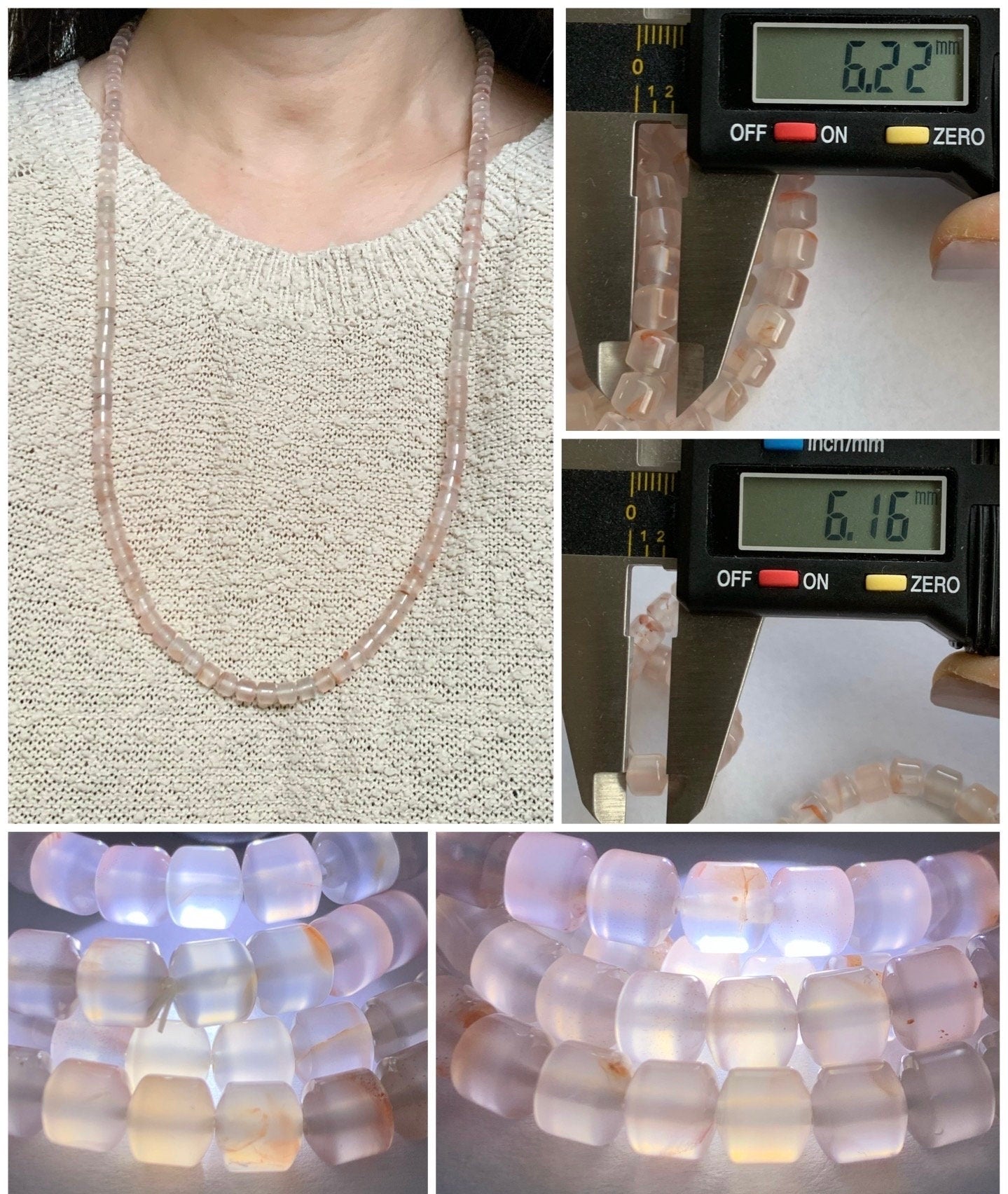 Natural Chinese Nanhong Icy Translucent Gelatinous Lychee Agate with Peachy Marbling Beaded Necklace 6.2mm 29” 50g 天然南红荔枝冻玛飘花玛瑙老型珠项链