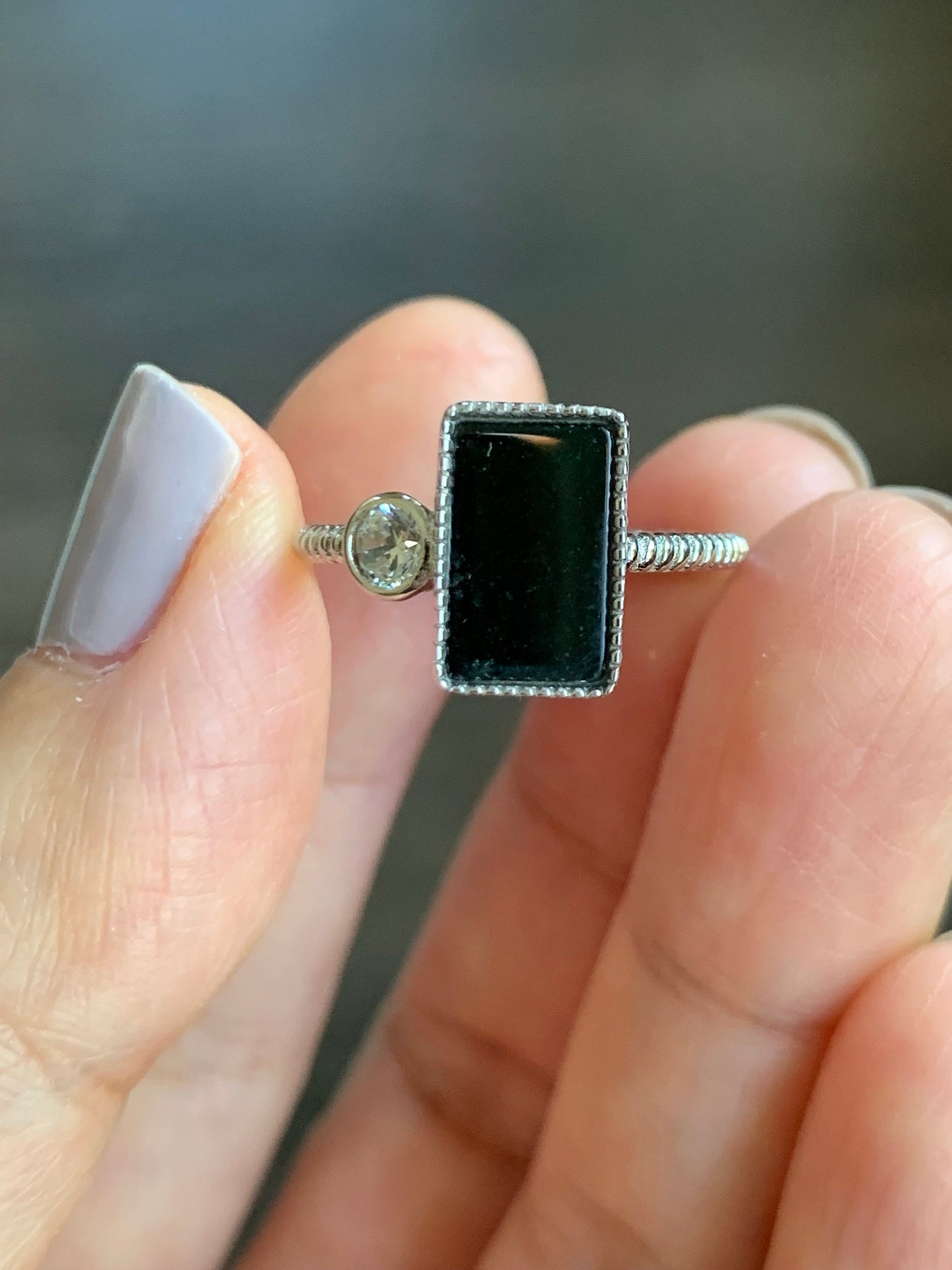 Certified Natural Burmese Icy Translucent Intense Black Jadeite Rectangle Ring S925 Sterling Silver Size Adjustable 天然缅甸墨翠透绿银镶戒指 4969