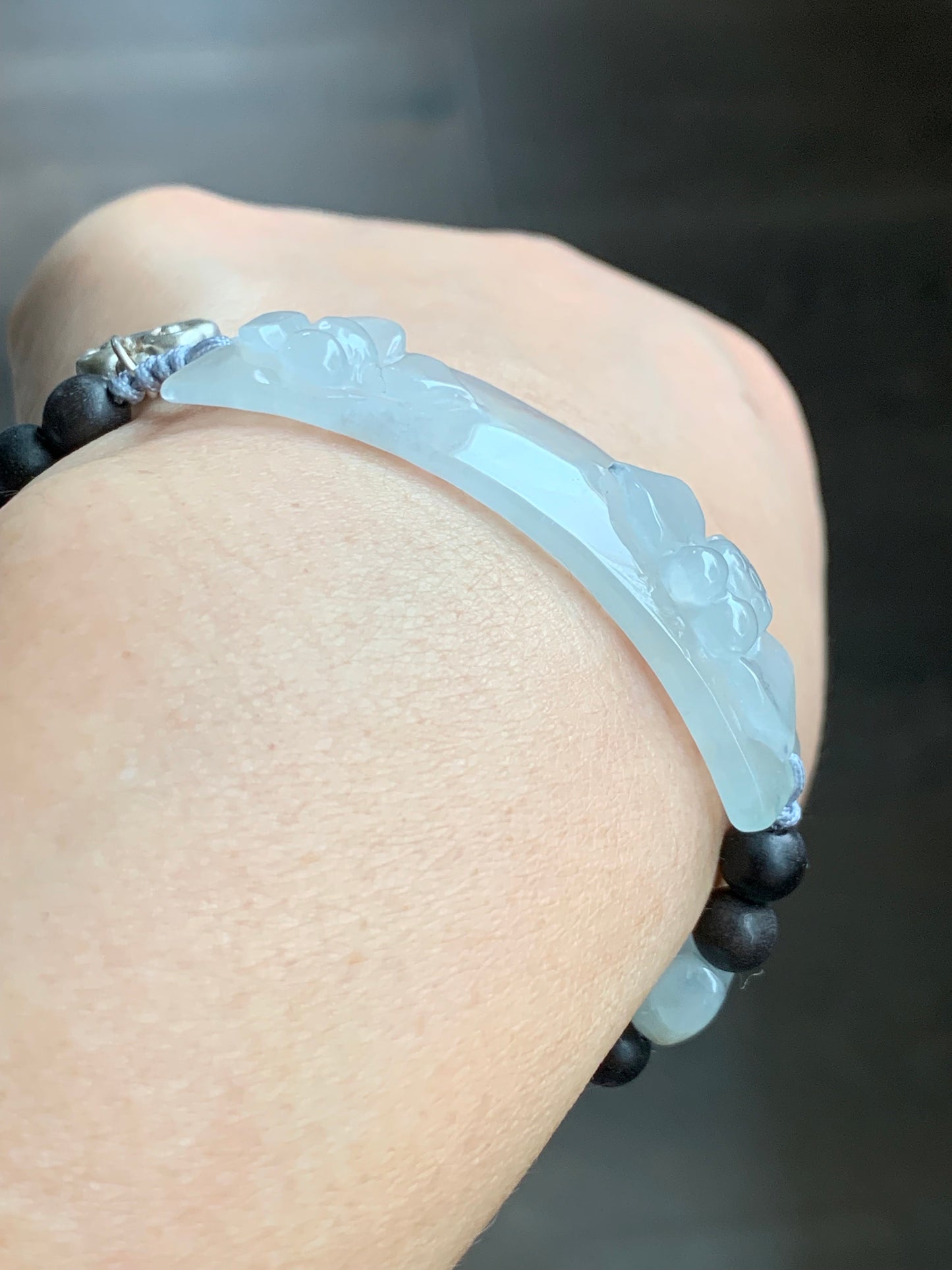 Certified Natural Burmese Icy Highly Translucent Jadeite Lotus Flower Black Agarwood Beaded Bracelet 6.5”-8” 天然缅甸冰胶白冰翡翠莲花手牌沉香木珠手串 0910