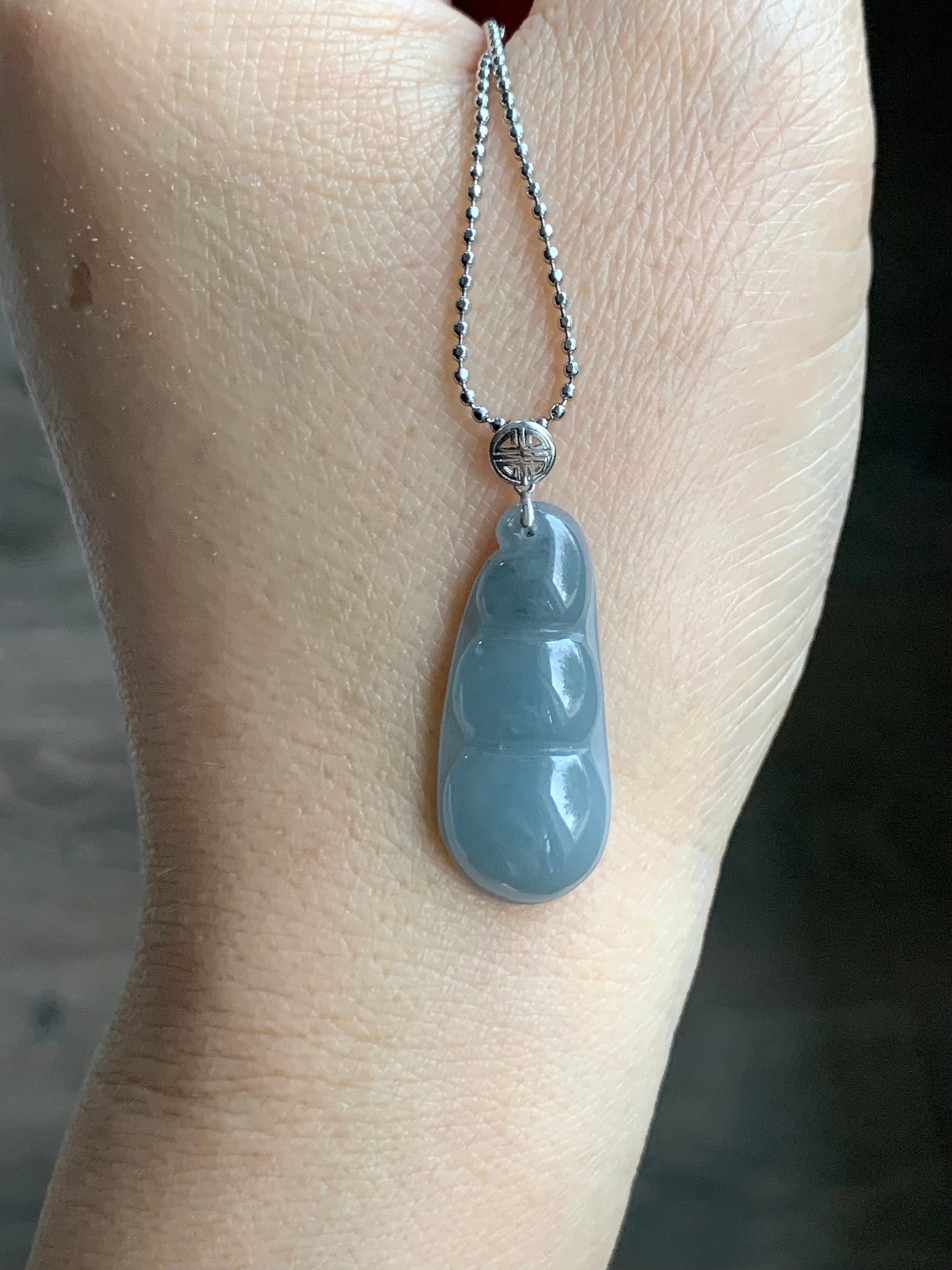 Natural Guatemalan Icy Translucent Light Dusty Blue Jadeite Peapod Pendant 18K White Gold 天然冰危蓝翡翠福豆吊坠 BTH113 B