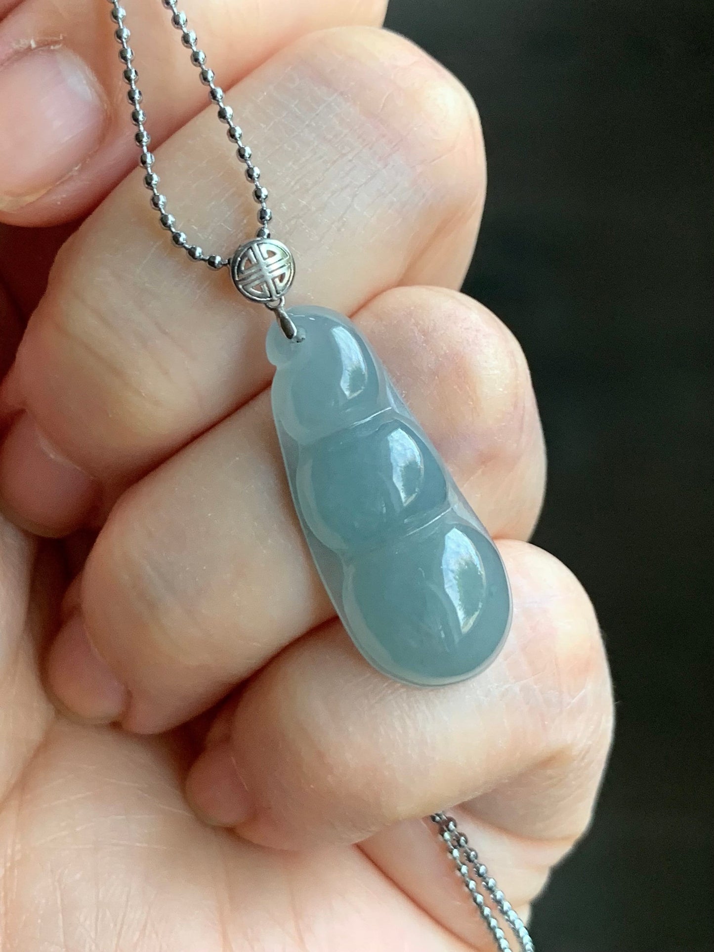 Natural Guatemalan Icy Translucent Light Dusty Blue Jadeite Peapod Pendant 18K White Gold 天然冰危蓝翡翠福豆吊坠 BTH113 A