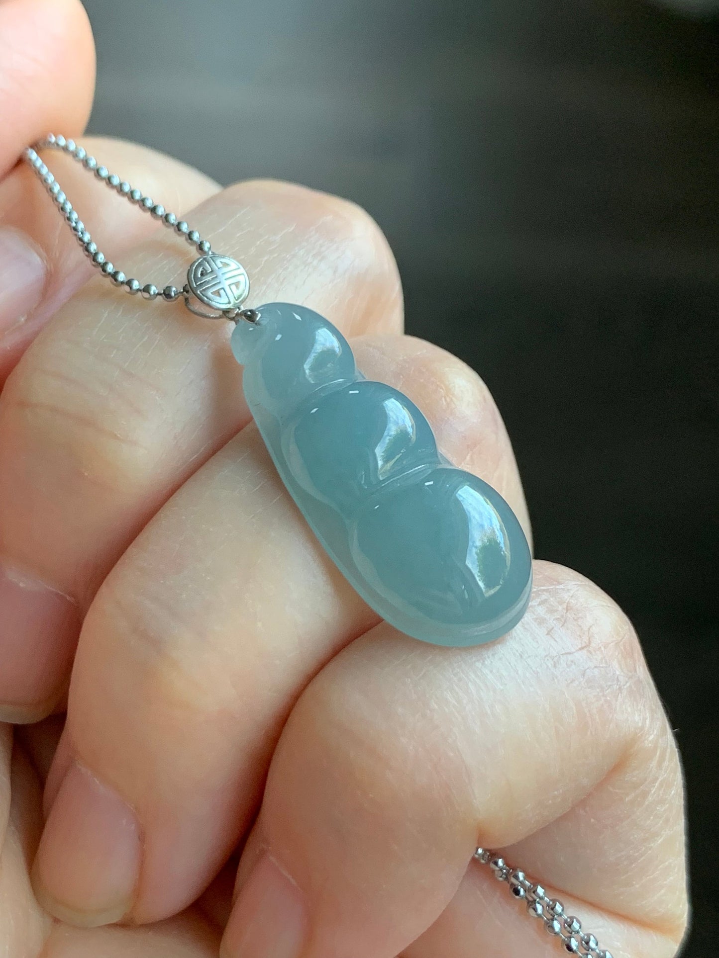 Natural Guatemalan Icy Translucent Light Dusty Blue Jadeite Peapod Pendant 18K White Gold 天然冰危蓝翡翠福豆吊坠 BTH113 A