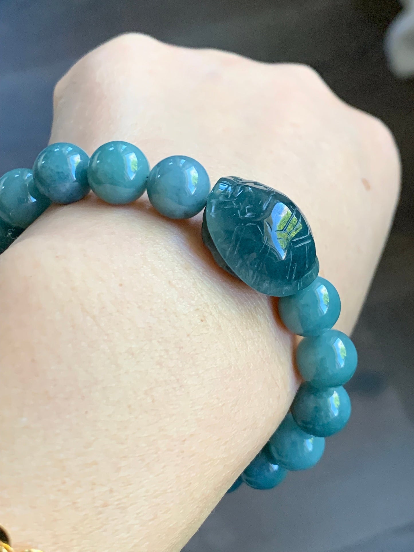 Natural Guatemalan Icy Translucent Dark Teal Blue Jadeite Turtle Shell Charm Dusty Blue Beaded Bracelet 9.9mm 7” 35g 天然糯冰危蓝水翡翠富甲手串 WLF1118