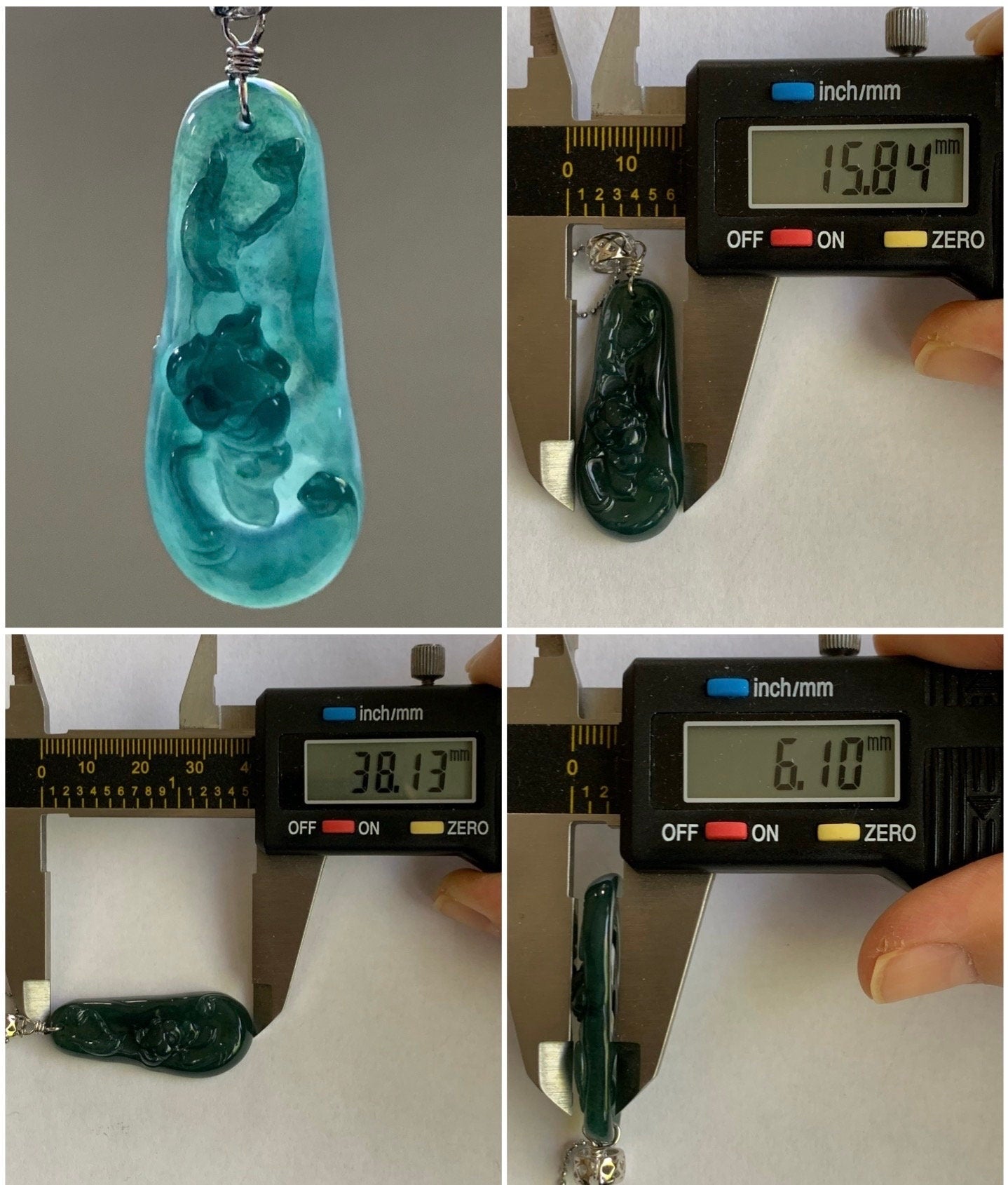 Natural Guatemalan Icy Translucent Deep Teal Blue Jadeite Carved Lotus Flower Pendant Sterling Silver Bail 6g 天然冰危湖水蓝翡翠荷花吊坠 WLH113
