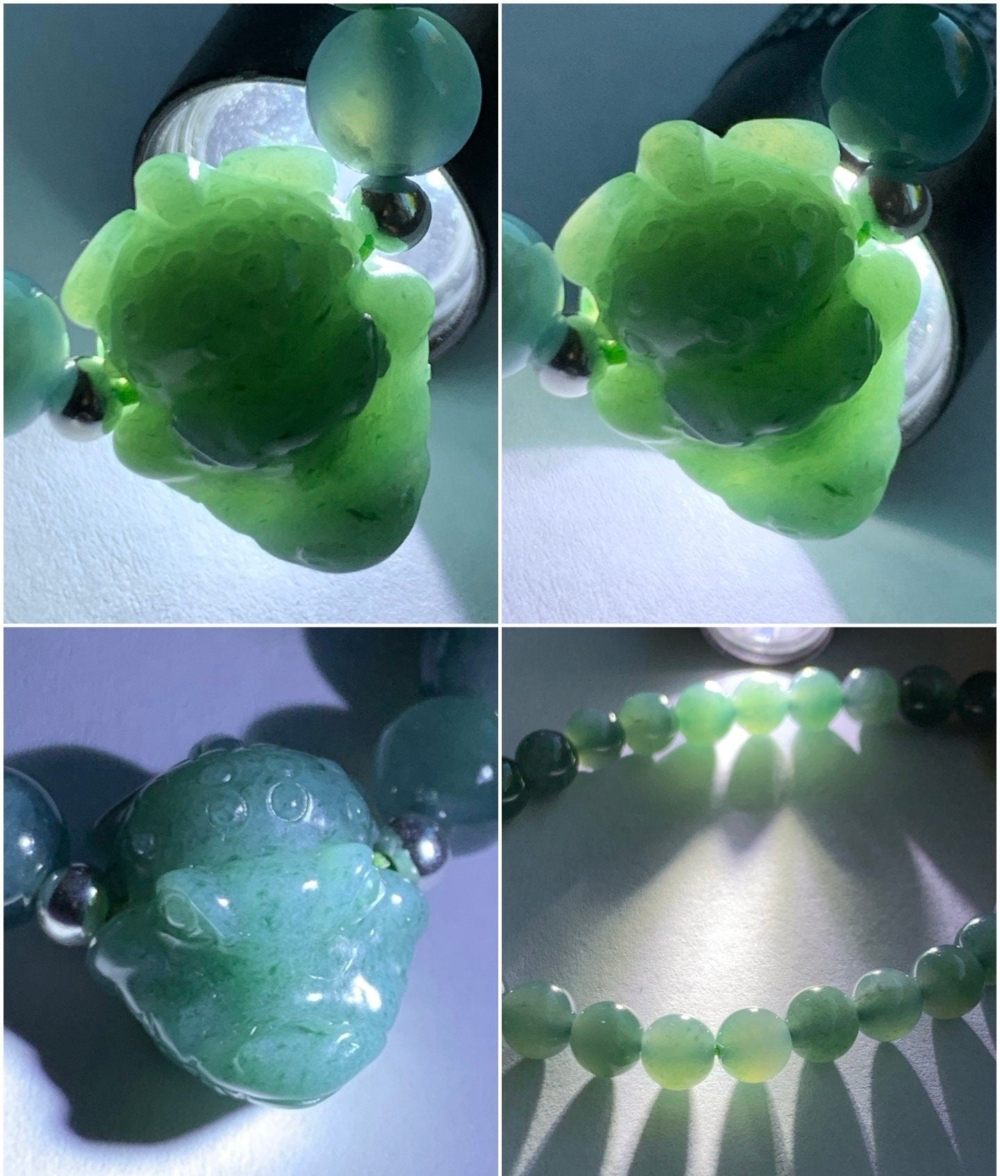 Natural Guatemalan Icy Translucent Dark Teal Blue Jadeite Carved Crocodile Charm Beaded Bracelet 6.75” Sterling Silver 天然冰危蓝水翡翠鳄鱼宝宝圆珠手串