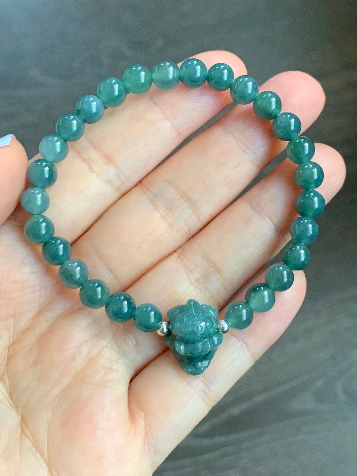 Natural Guatemalan Icy Translucent Dark Teal Blue Jadeite Carved Crocodile Charm Beaded Bracelet 6.75” Sterling Silver 天然冰危蓝水翡翠鳄鱼宝宝圆珠手串
