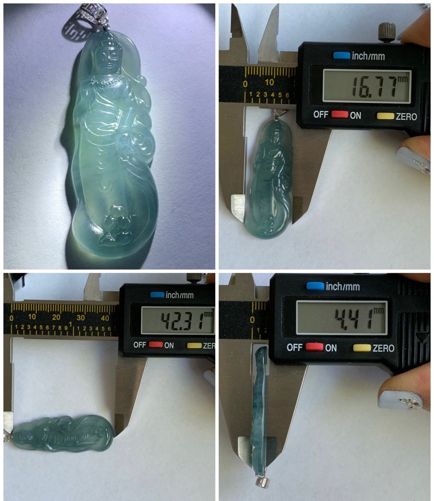 Natural Guatemalan Icy Highly Translucent Gelatinous Blue Jadeite Guanyin Pendant 18K White Gold Bail 天然冰胶危蓝翡翠观音镶嵌吊坠