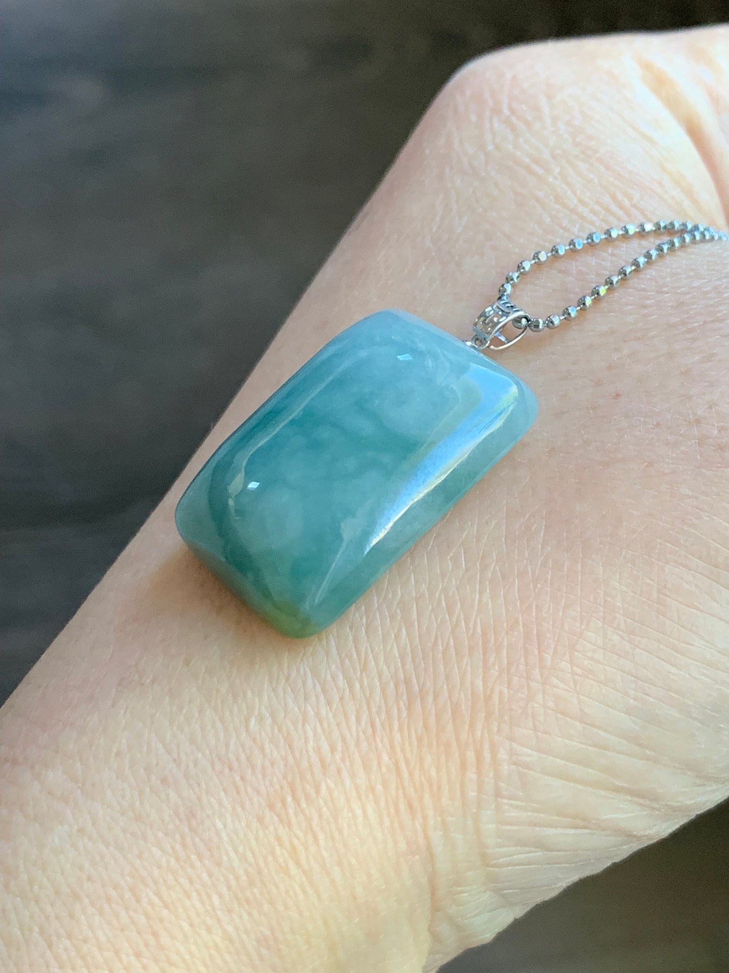 Natural Burmese Icy Translucent Sky Blue Jadeite Rectangle Pendant 18KWhite Gold 8g 天然缅甸糯冰天空蓝翡翠牌镶嵌吊坠