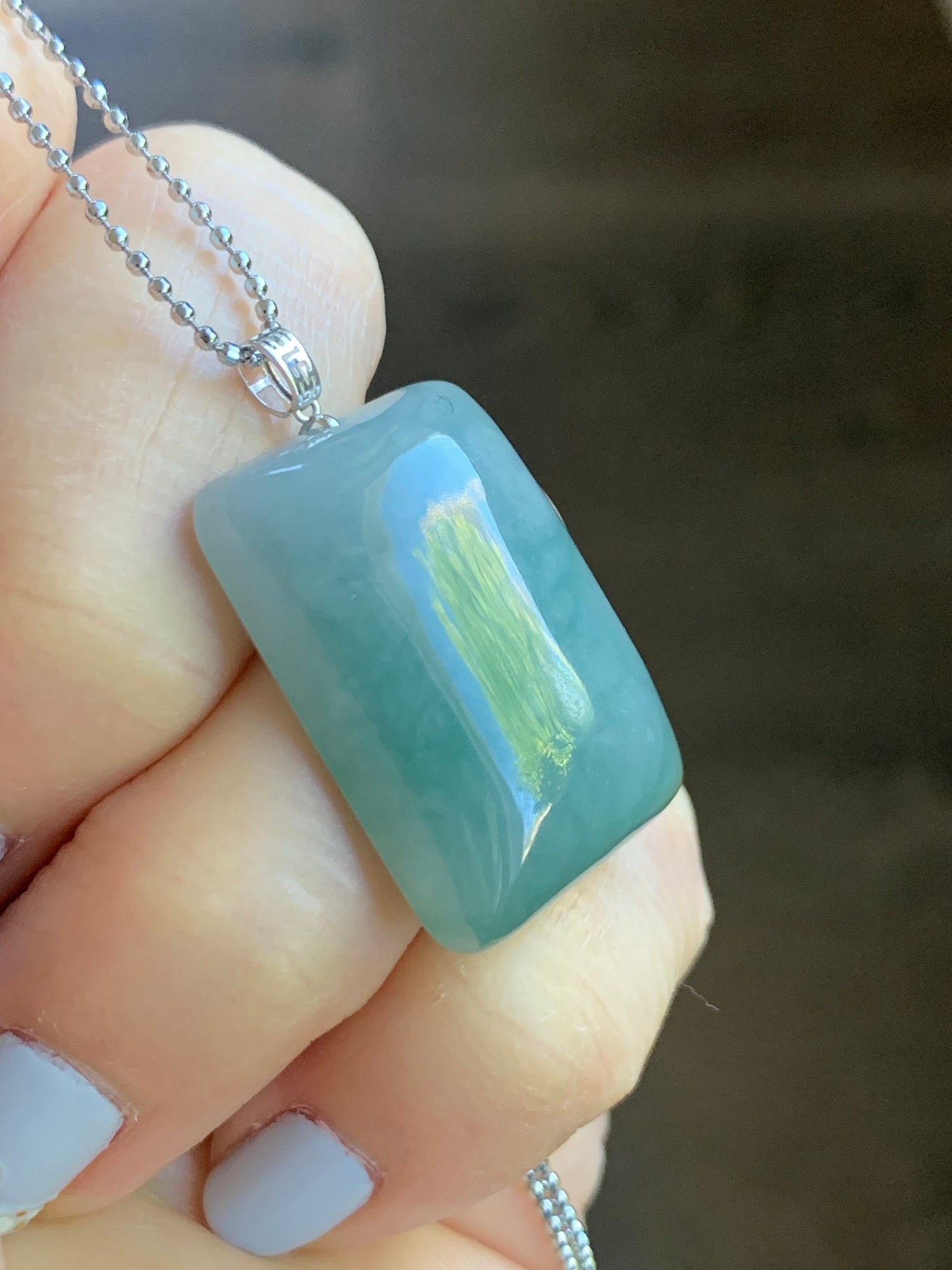 Natural Burmese Icy Translucent Sky Blue Jadeite Rectangle Pendant 18KWhite Gold 8g 天然缅甸糯冰天空蓝翡翠牌镶嵌吊坠