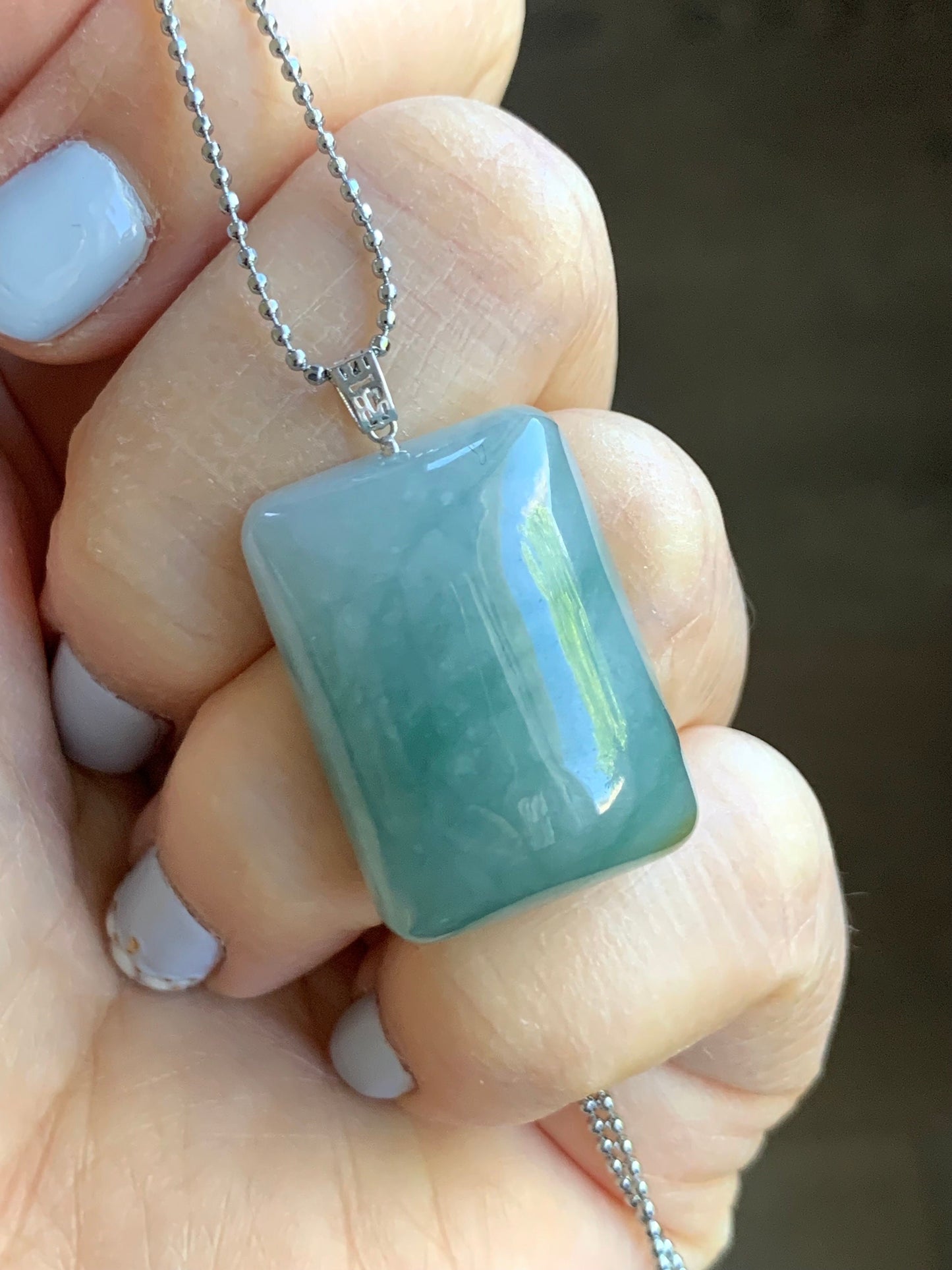 Natural Burmese Icy Translucent Sky Blue Jadeite Rectangle Pendant 18KWhite Gold 8g 天然缅甸糯冰天空蓝翡翠牌镶嵌吊坠