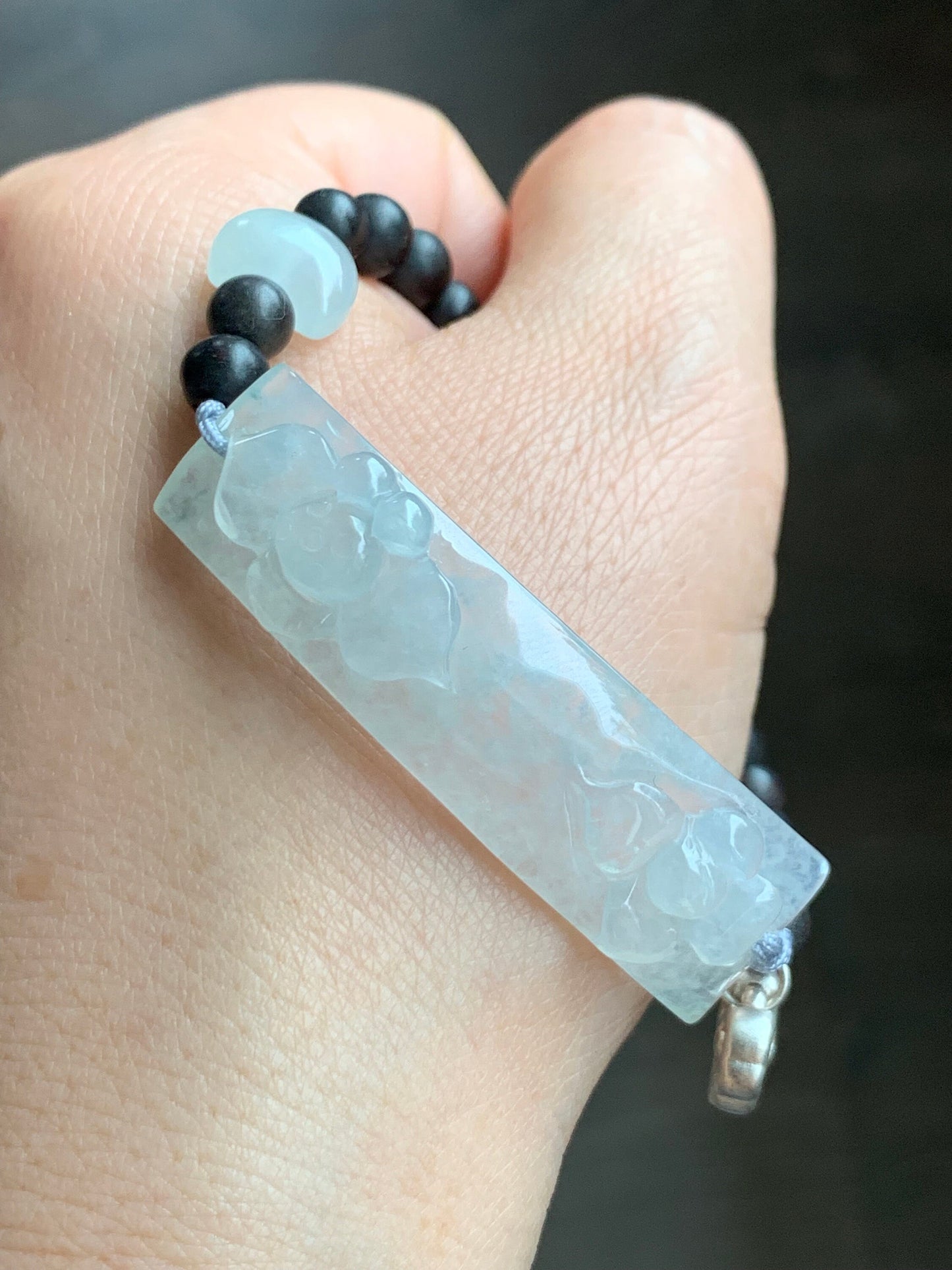 Certified Natural Burmese Icy Highly Translucent Jadeite Lotus Flower Black Agarwood Beaded Bracelet 6.5”-8” 天然缅甸冰胶白冰翡翠莲花手牌沉香木珠手串 0910