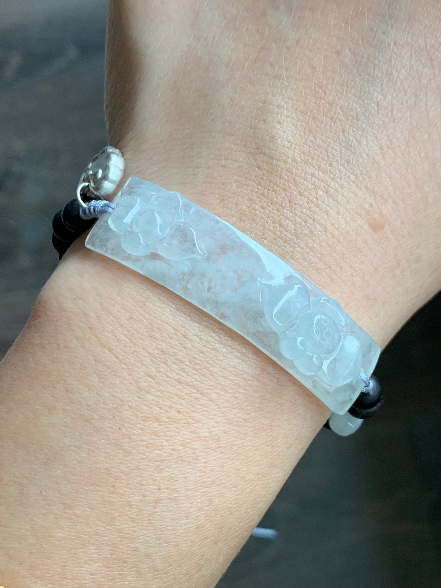 Certified Natural Burmese Icy Highly Translucent Jadeite Lotus Flower Black Agarwood Beaded Bracelet 6.5”-8” 天然缅甸冰胶白冰翡翠莲花手牌沉香木珠手串 0910