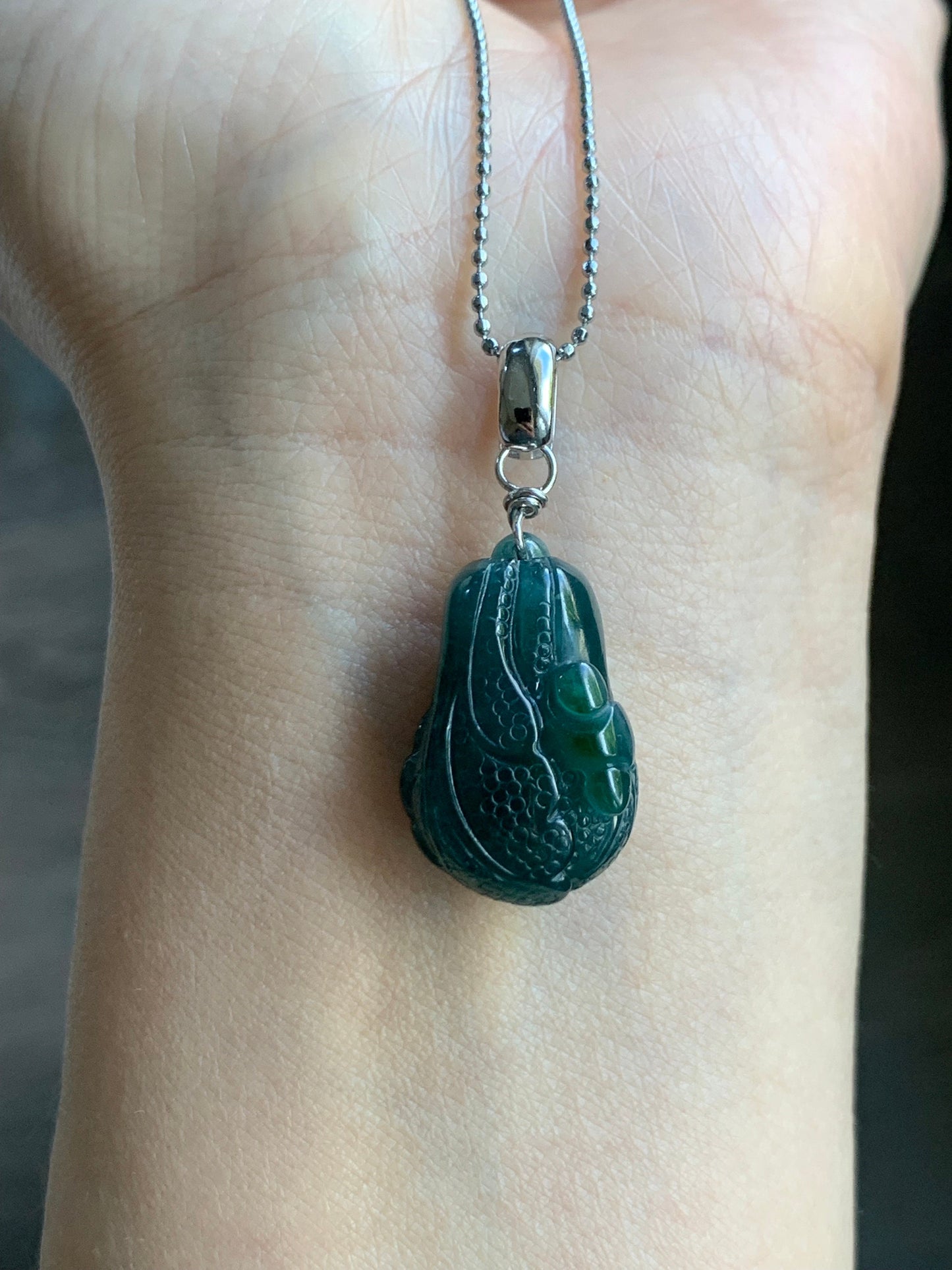 Natural Guatemalan Icy Translucent Dark Teal Blue Green Marbled Jadeite Carved Napa Cabbage Ruyi Pendant Sterling Silver 天然冰危深蓝绿翡翠白菜百财如意吊坠