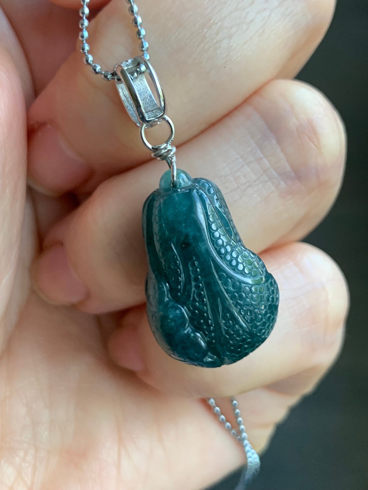Natural Guatemalan Icy Translucent Dark Teal Blue Green Marbled Jadeite Carved Napa Cabbage Ruyi Pendant Sterling Silver 天然冰危深蓝绿翡翠白菜百财如意吊坠