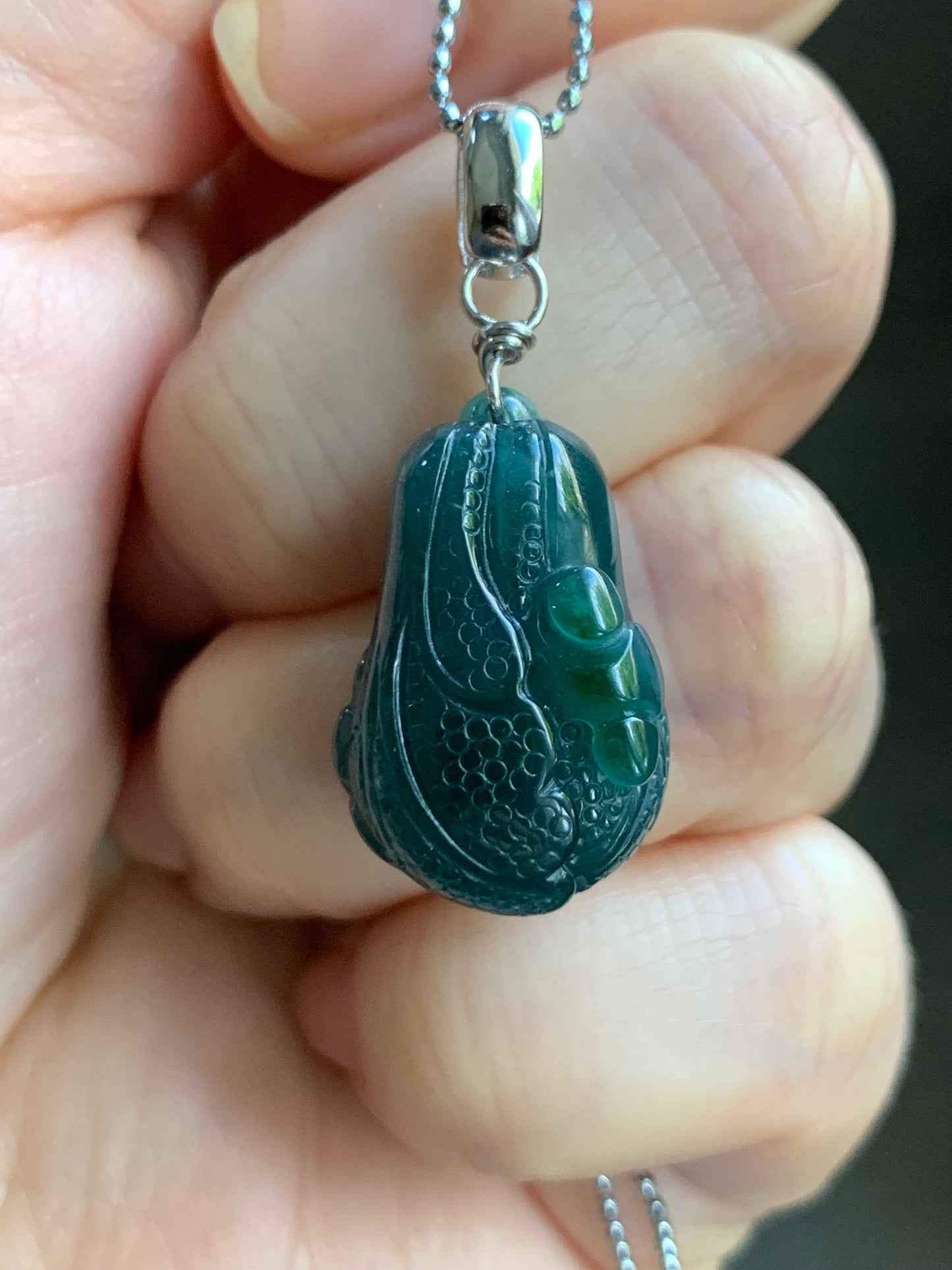 Natural Guatemalan Icy Translucent Dark Teal Blue Green Marbled Jadeite Carved Napa Cabbage Ruyi Pendant Sterling Silver 天然冰危深蓝绿翡翠白菜百财如意吊坠