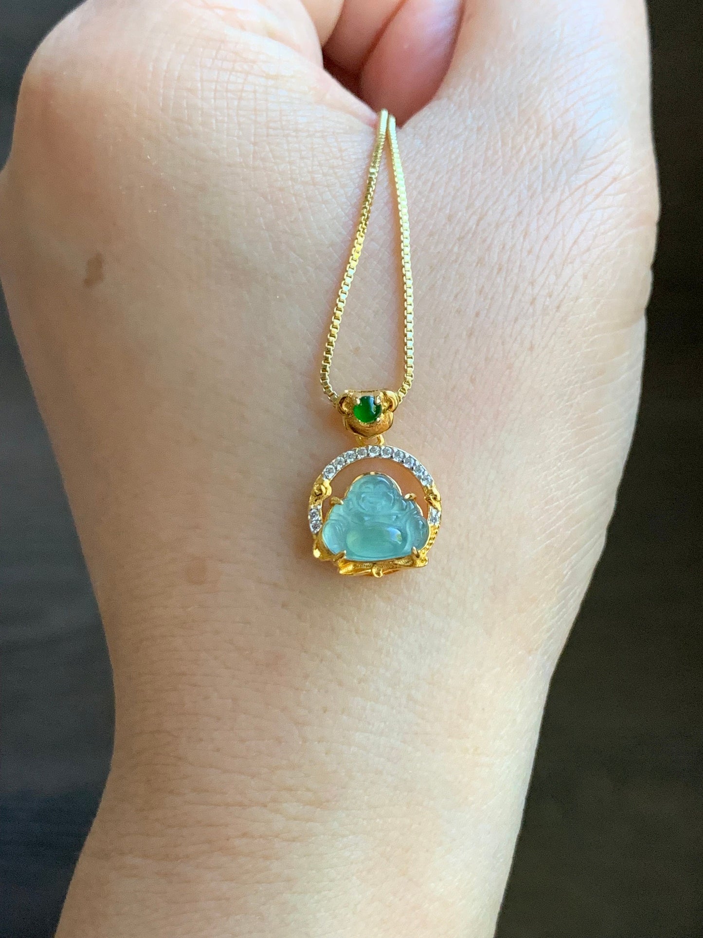 Petite Natural Guatemalan Premium Icy Highly Translucent Teal Blue Jadeite Buddha Pendant Sterling Silver 天然高冰危蓝翡翠小佛公银镶吊坠