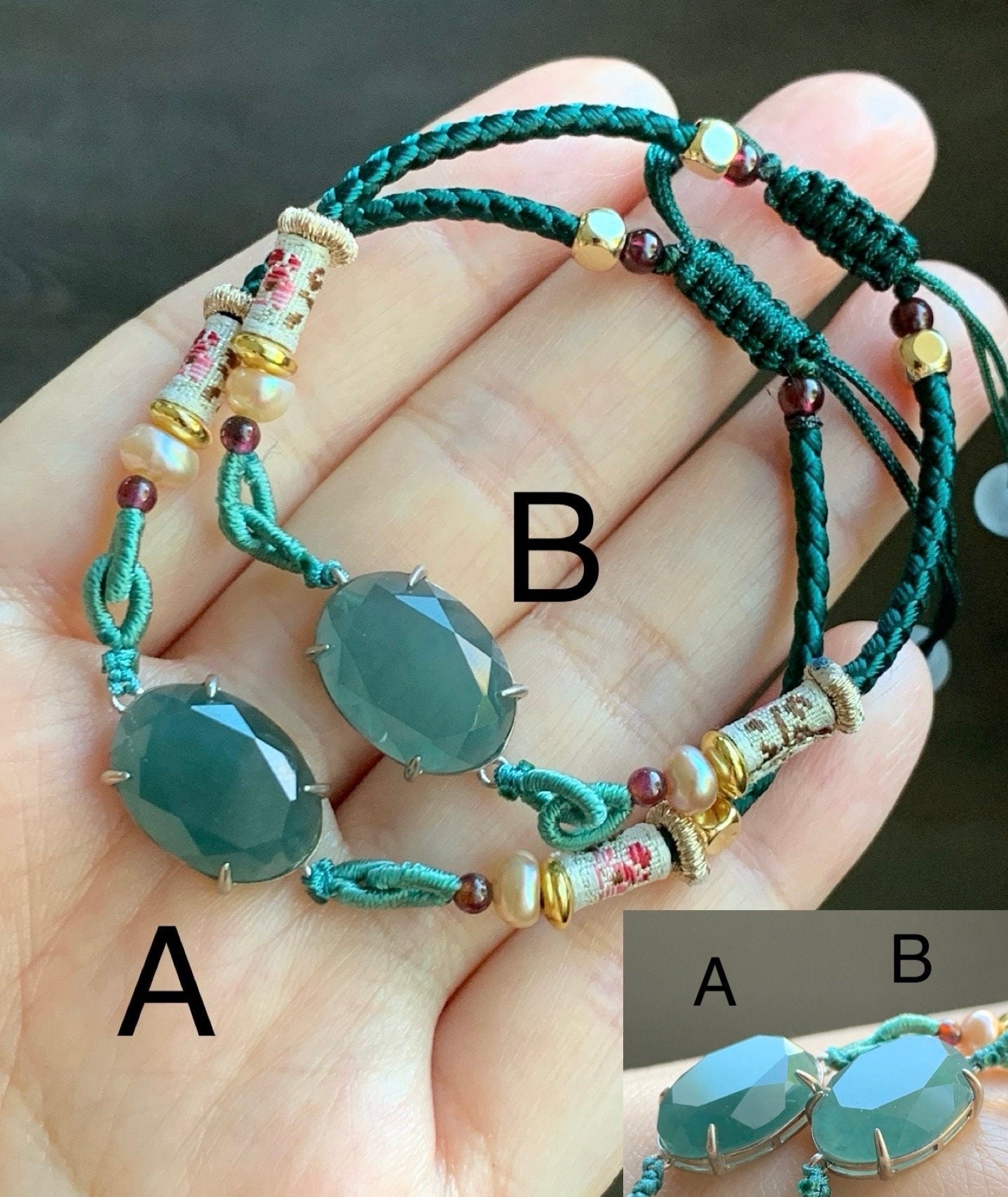 Natural Guatemalan Icy Translucent Dark Teal Green Jadeite Faceted Oval Cabochon Rope Bracelet Adjustable Sterling Silver 天然冰危湖水绿切割面翡翠手绳
