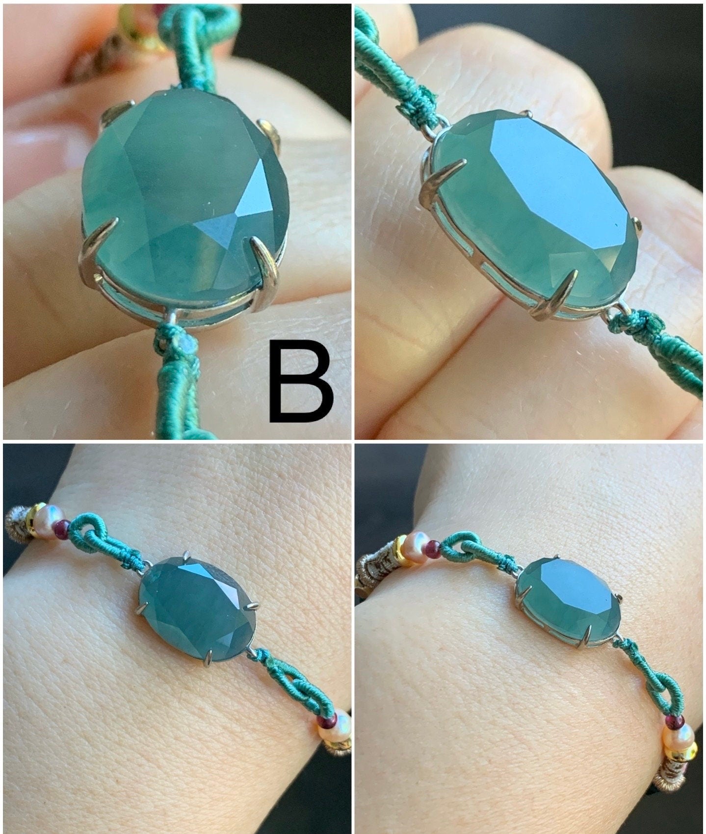 Natural Guatemalan Icy Translucent Dark Teal Green Jadeite Faceted Oval Cabochon Rope Bracelet Adjustable Sterling Silver 天然冰危湖水绿切割面翡翠手绳