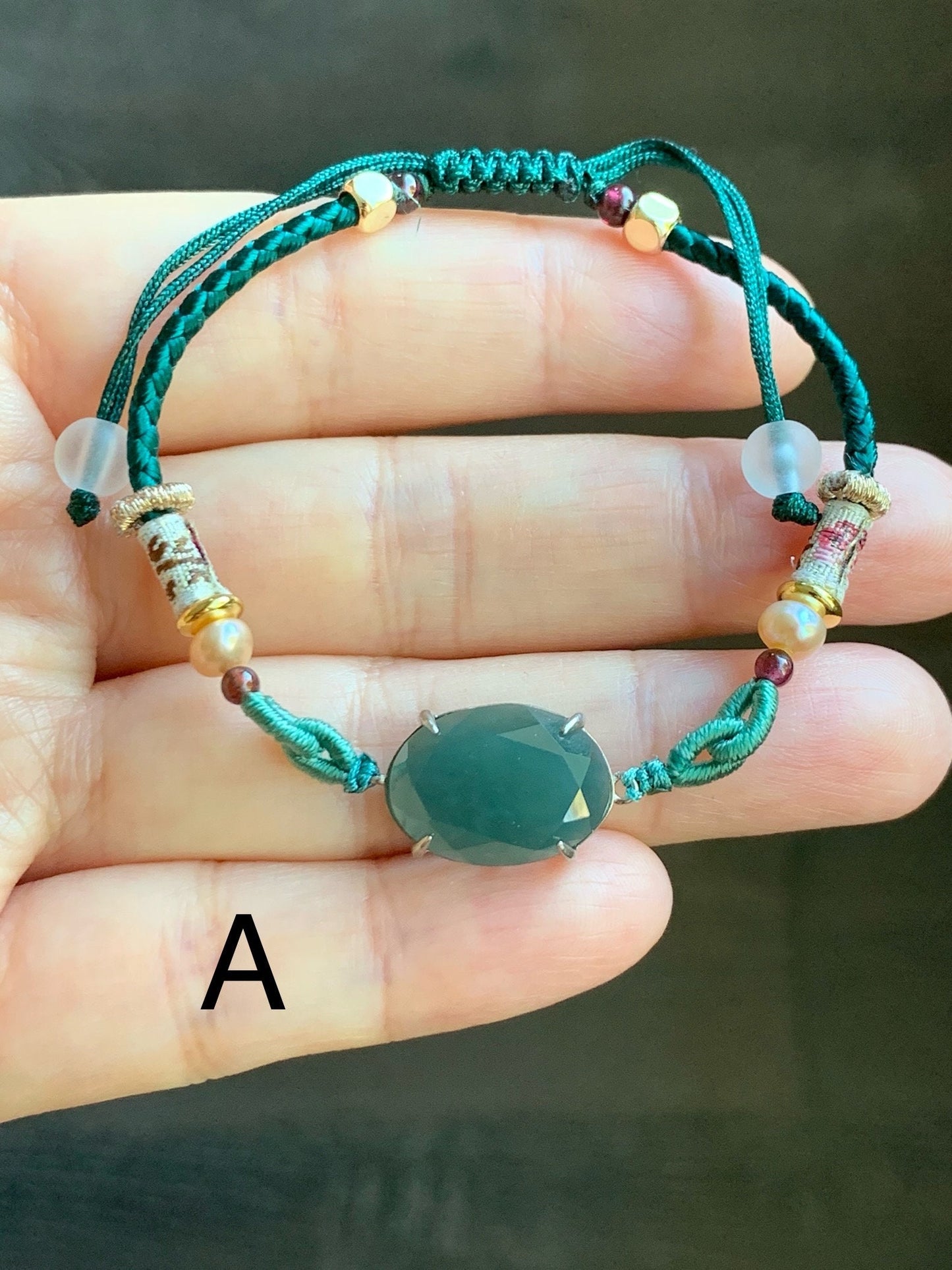 Natural Guatemalan Icy Translucent Dark Teal Green Jadeite Faceted Oval Cabochon Rope Bracelet Adjustable Sterling Silver 天然冰危湖水绿切割面翡翠手绳