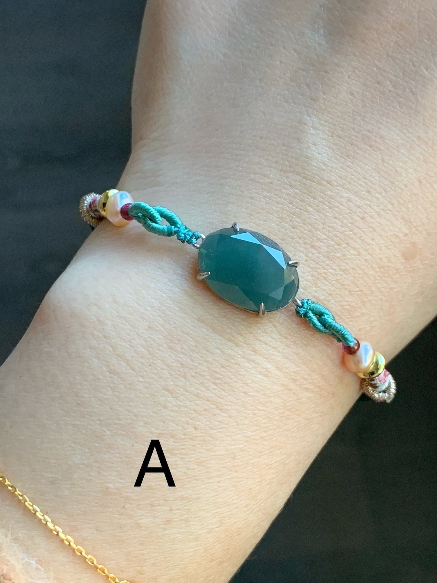 Natural Guatemalan Icy Translucent Dark Teal Green Jadeite Faceted Oval Cabochon Rope Bracelet Adjustable Sterling Silver 天然冰危湖水绿切割面翡翠手绳