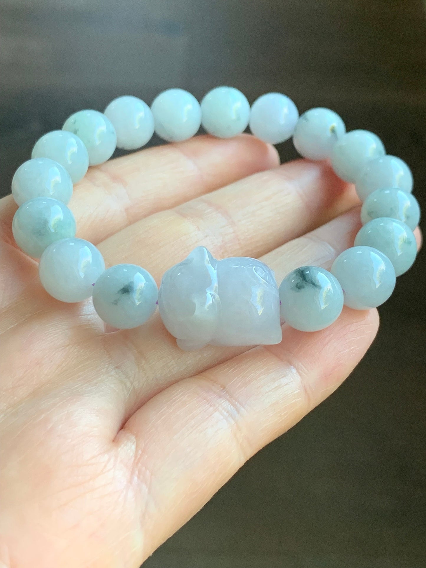 LARGE Natural Burmese A Graded Icy Green Marbled Jadeite Beads Pudgy Cat Jadeite Charm Beaded Bracelet 10mm 6.75” 36g 天然缅甸大卡飘花翡翠猫咪珠手串 11724