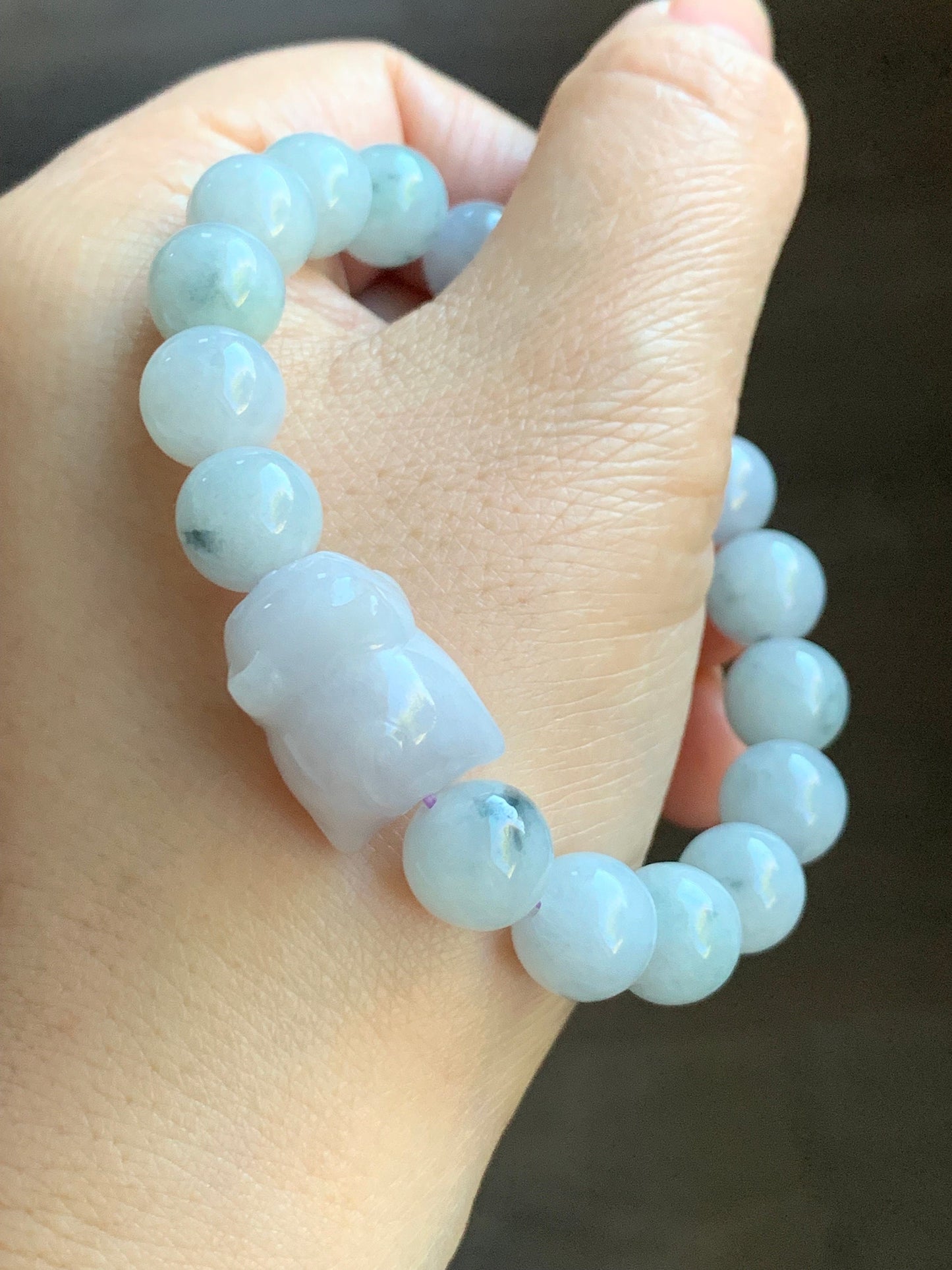 LARGE Natural Burmese A Graded Icy Green Marbled Jadeite Beads Pudgy Cat Jadeite Charm Beaded Bracelet 10mm 6.75” 36g 天然缅甸大卡飘花翡翠猫咪珠手串 11724