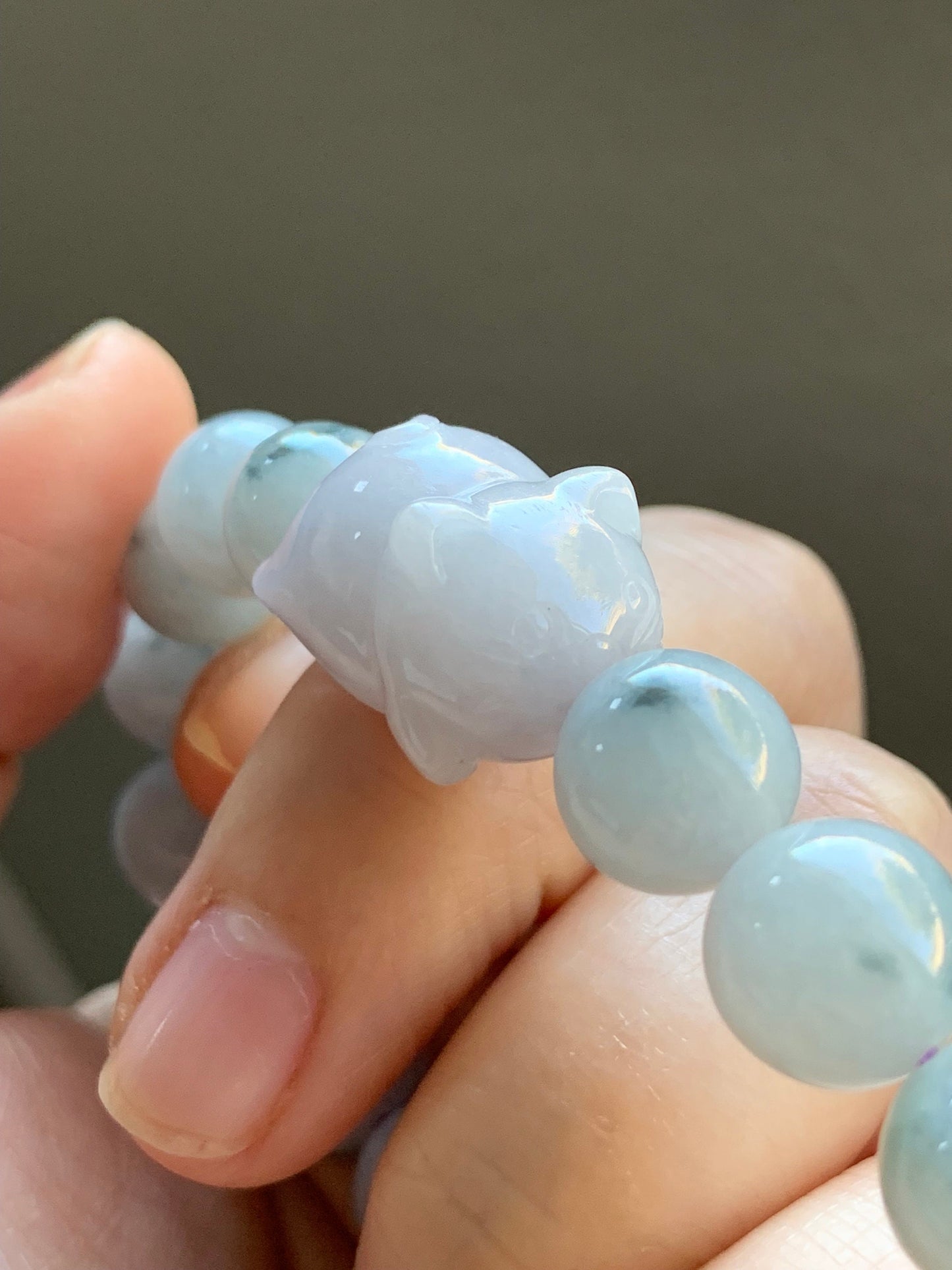 LARGE Natural Burmese A Graded Icy Green Marbled Jadeite Beads Pudgy Cat Jadeite Charm Beaded Bracelet 10mm 6.75” 36g 天然缅甸大卡飘花翡翠猫咪珠手串 11724
