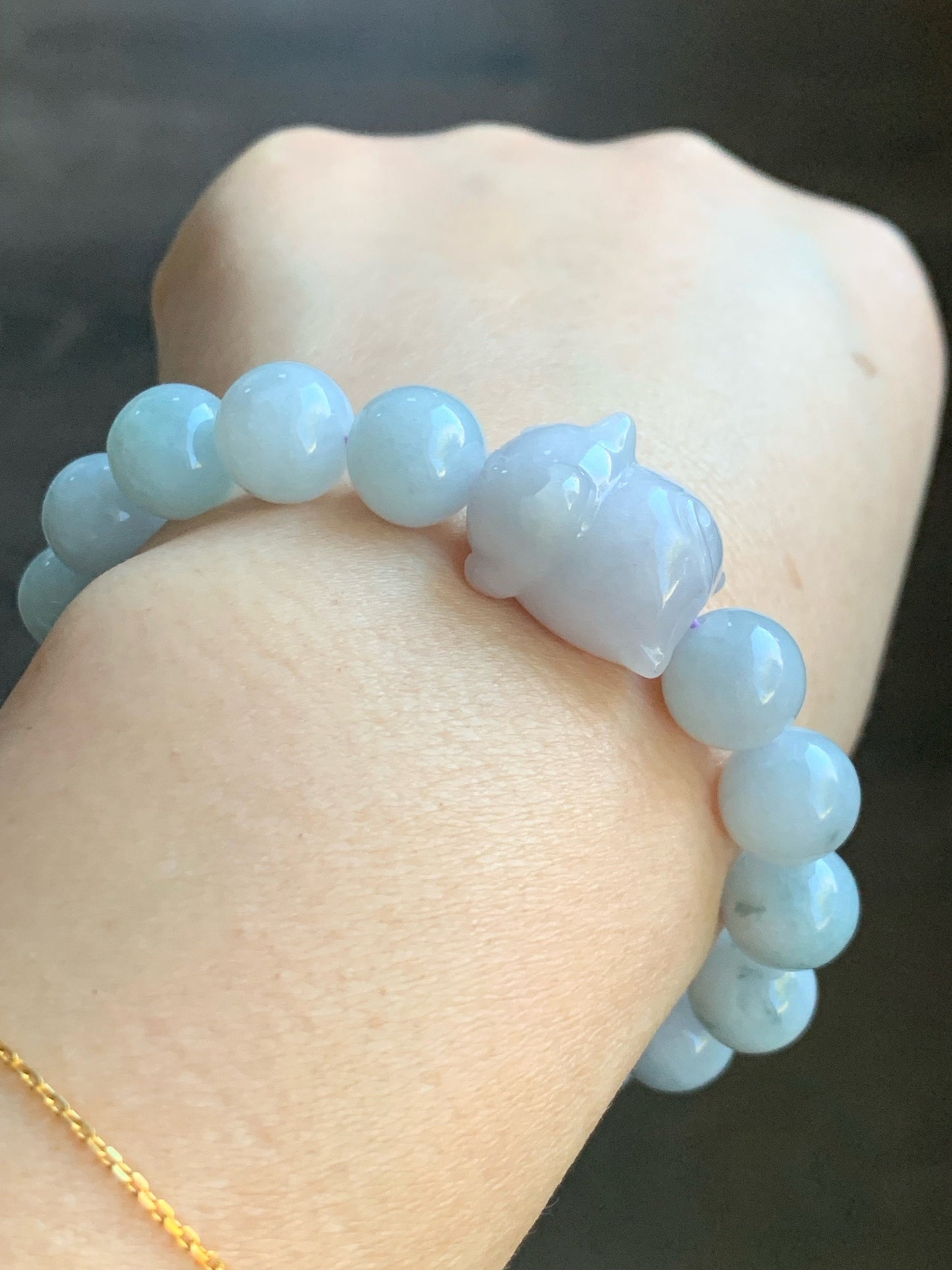 LARGE Natural Burmese A Graded Icy Green Marbled Jadeite Beads Pudgy Cat Jadeite Charm Beaded Bracelet 10mm 6.75” 36g 天然缅甸大卡飘花翡翠猫咪珠手串 11724