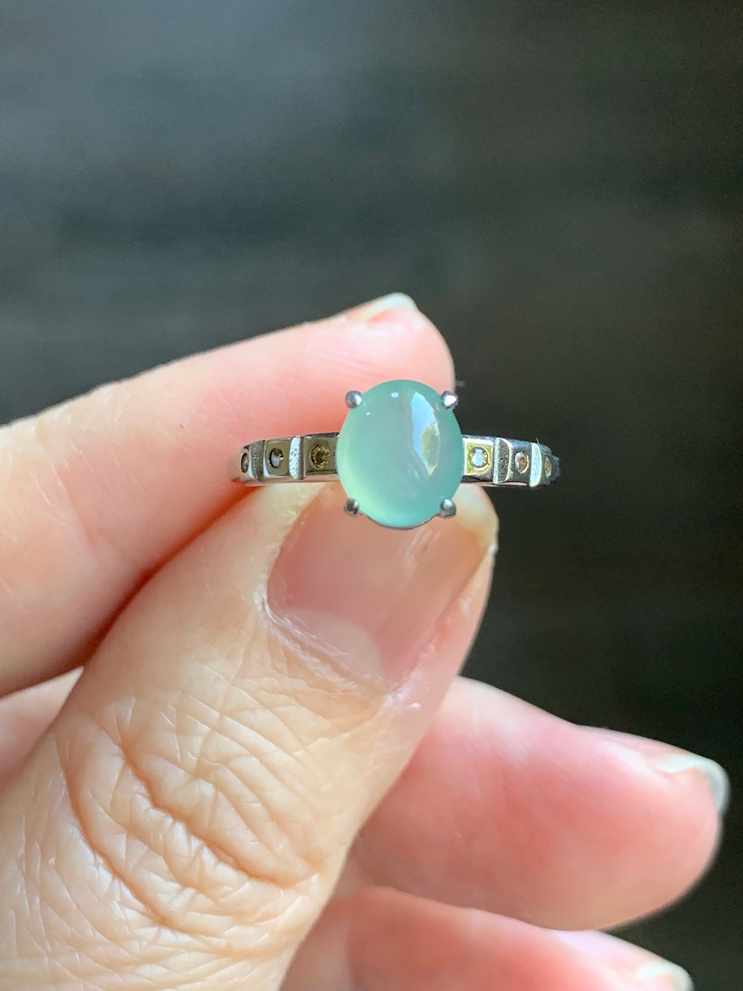 Natural Burmese Icy Translucent Light Green Jadeite Oval Cabochon Solitaire Ring S925 Sterling Silver Size 6.5 天然缅甸冰晴色翡翠蛋面银镶戒指 1120D