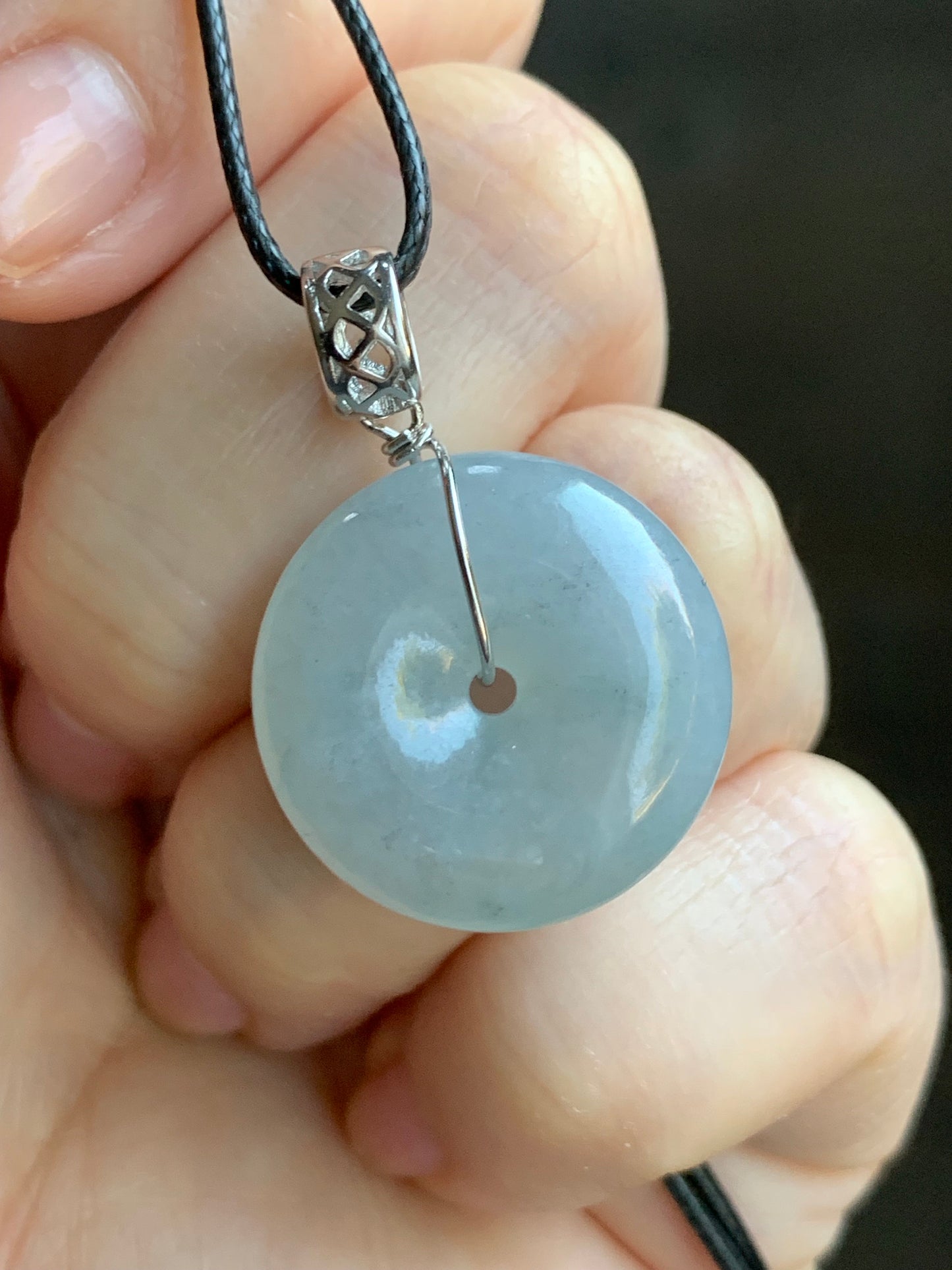 Natural Burmese Icy Translucent Gelatinous Light Blue Wuji Jadeite Ping An Kou Donut Pendant Sterling Silver 天然缅甸冰胶淡蓝乌鸡翡翠平安扣吊坠 B