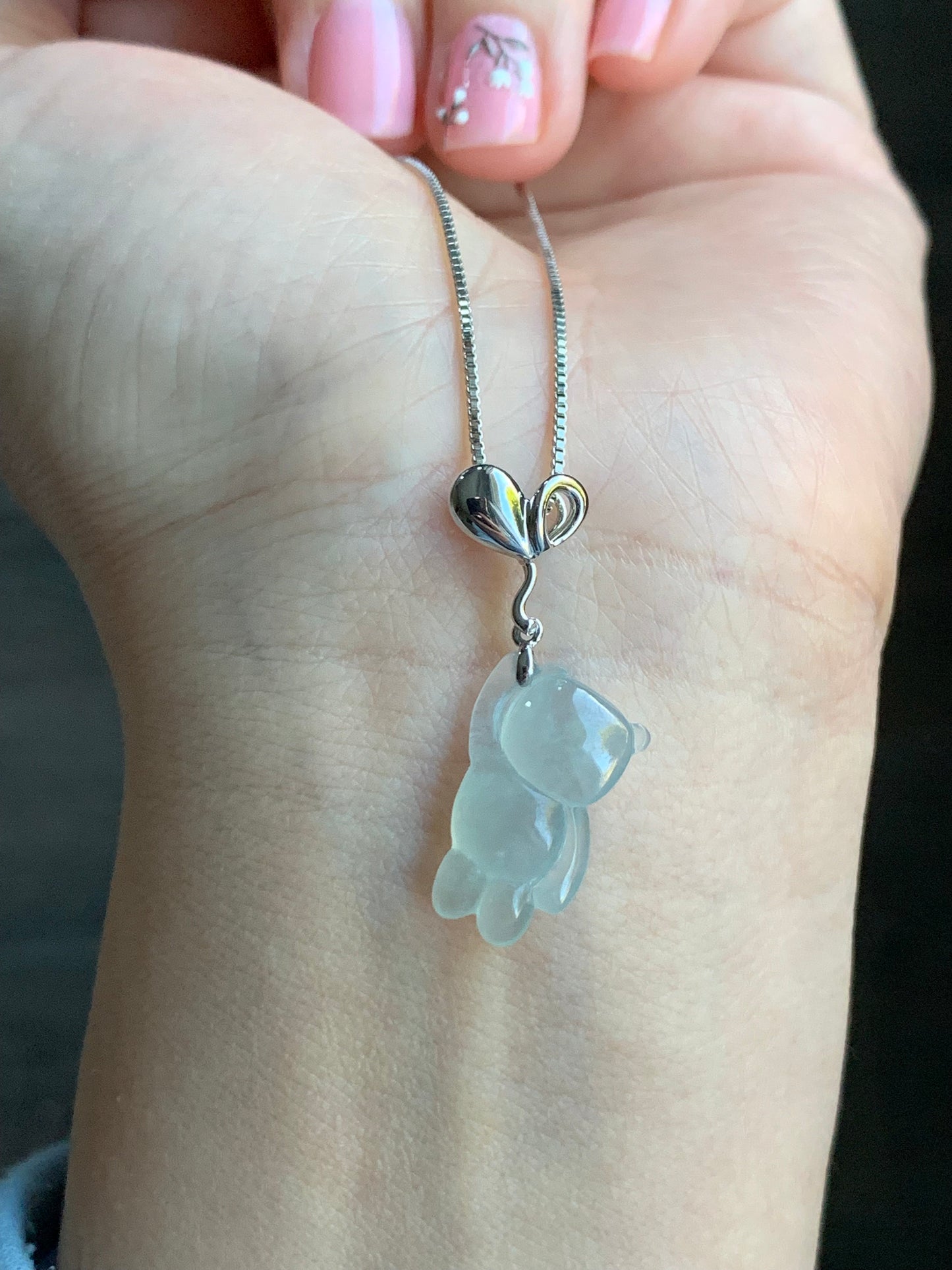 Certified Natural Burmese Icy Translucent Gelatinous White Jadeite Terry Bear w/ Heart Balloon Pendant 18K White Gold 天然缅甸冰胶翡翠小熊爱心气球吊坠 939