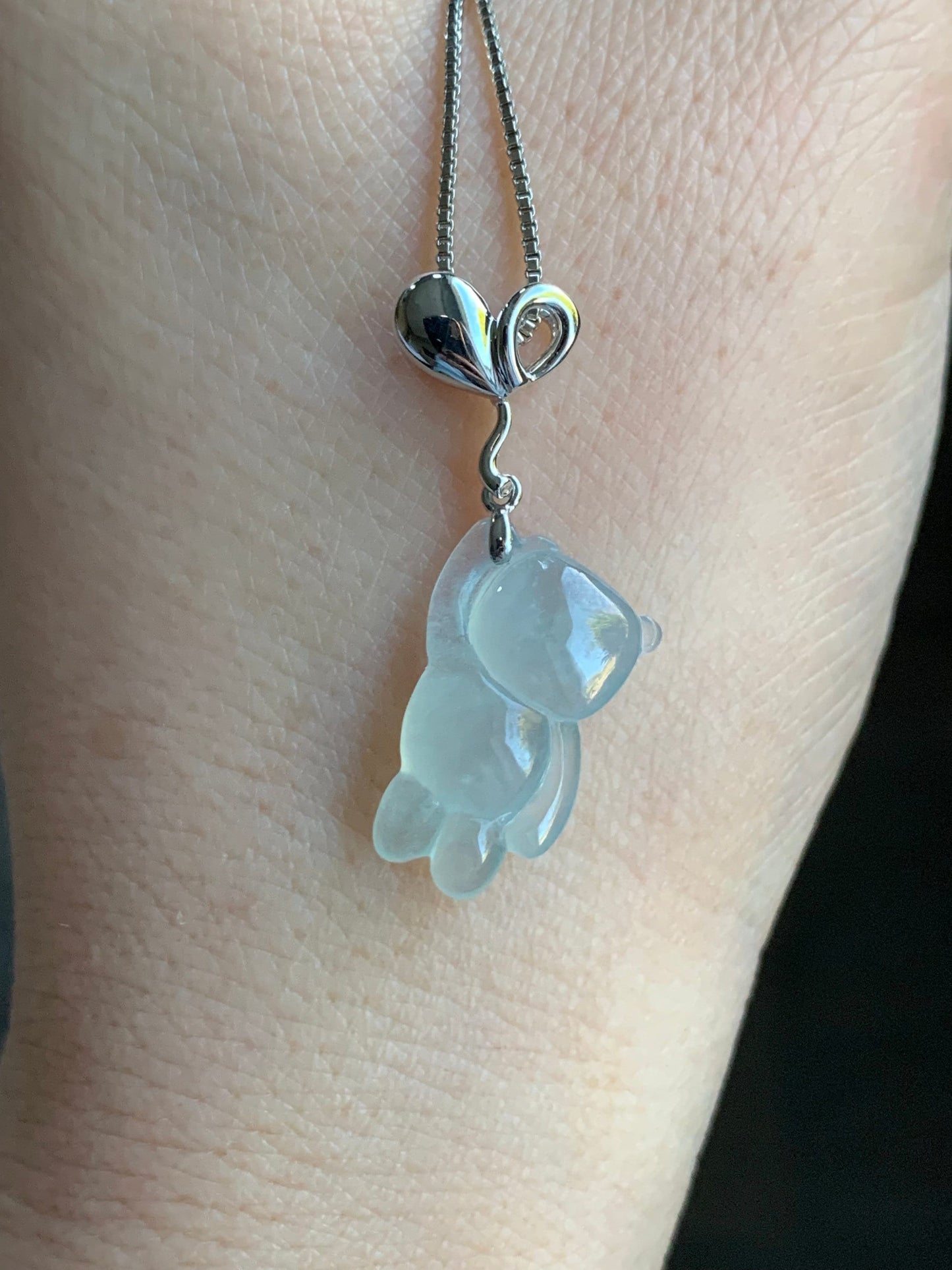 Certified Natural Burmese Icy Translucent Gelatinous White Jadeite Terry Bear w/ Heart Balloon Pendant 18K White Gold 天然缅甸冰胶翡翠小熊爱心气球吊坠 939
