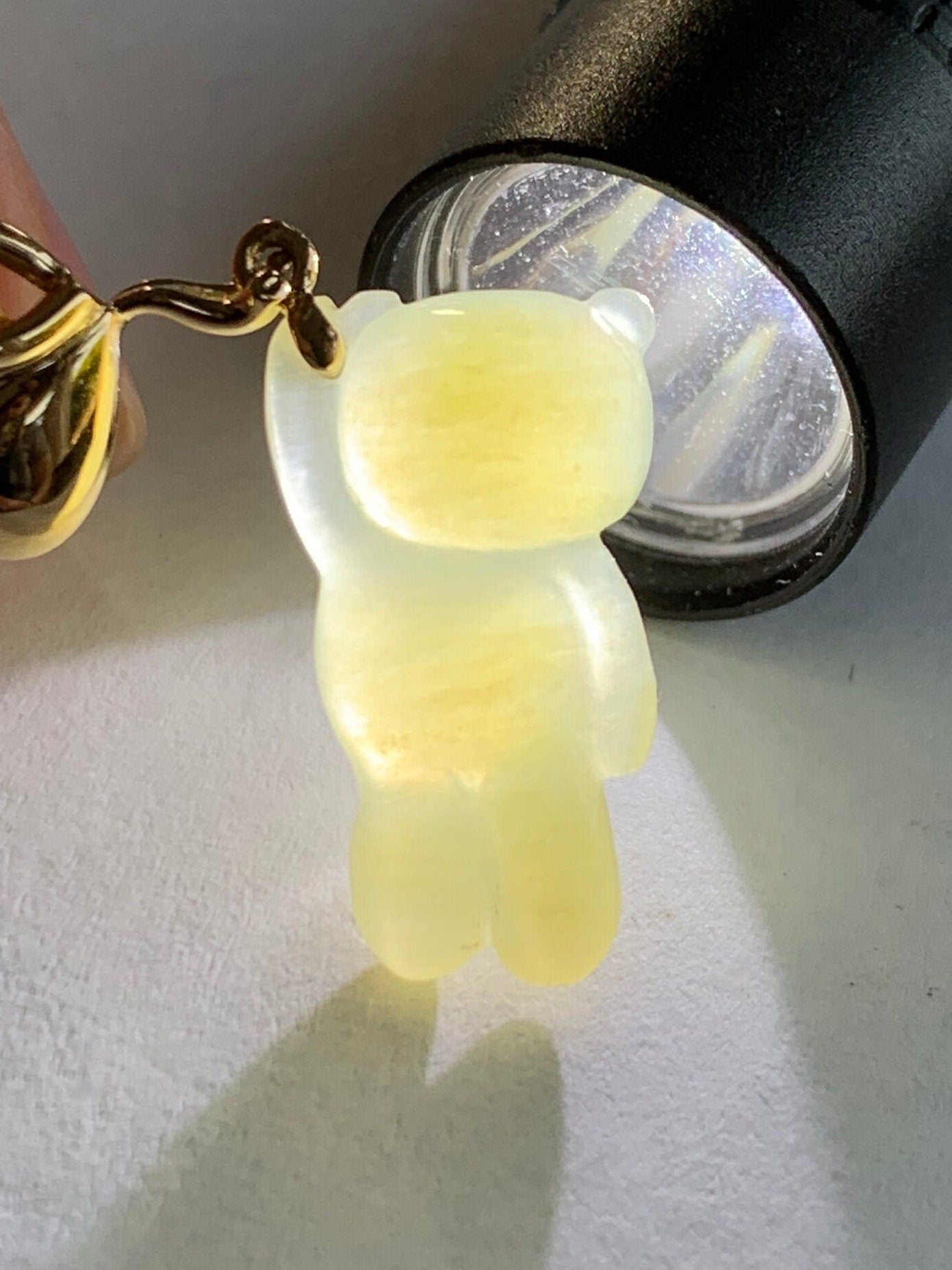 Certified Natural Burmese Icy Translucent Gelatinous Yellow Jadeite Terry Bear w/ Heart Balloon Pendant 18K Yellow Gold 天然缅甸冰胶翡翠小熊爱心气球吊坠 940