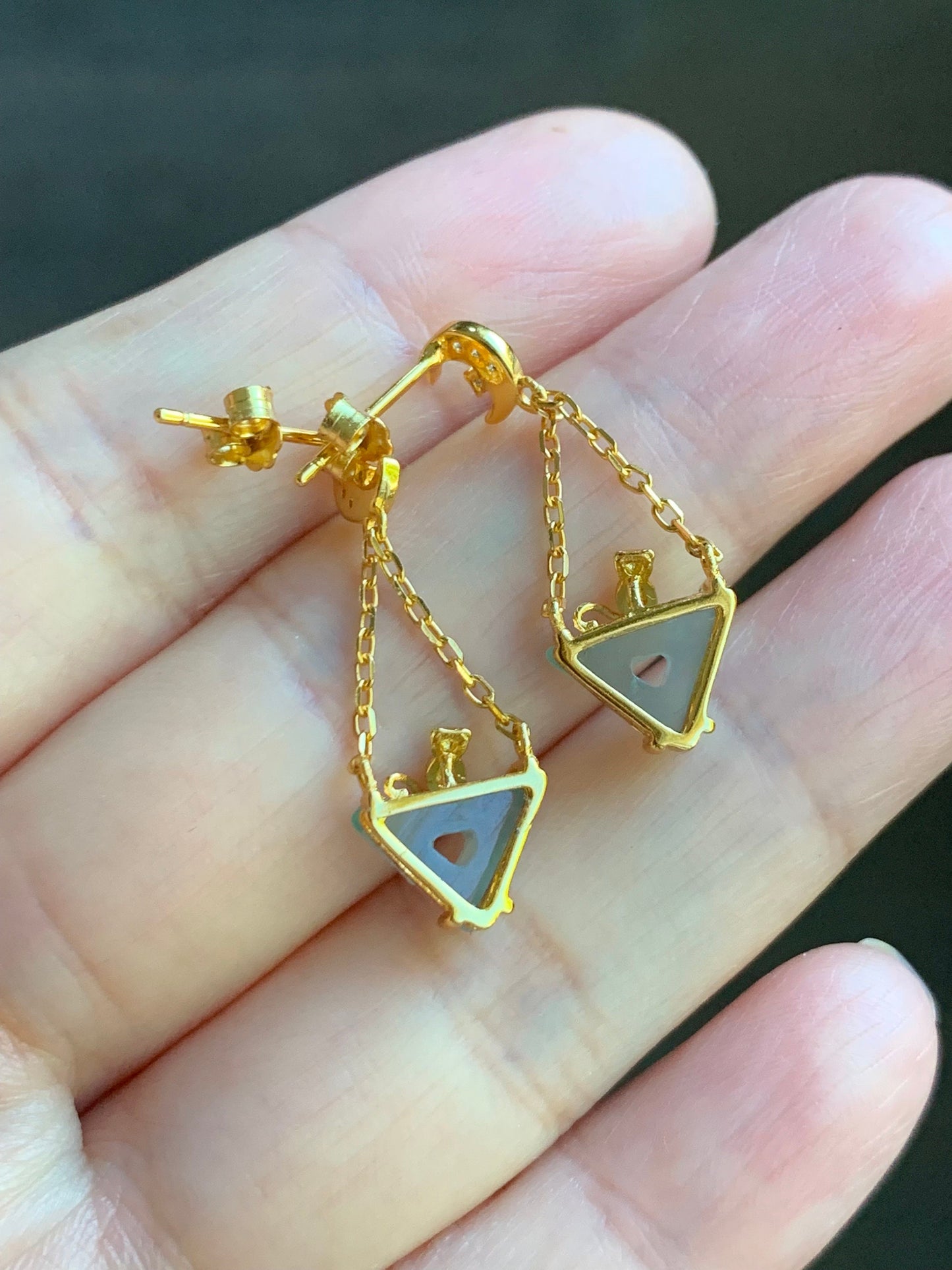 Natural Guatemalan Icy Highly Translucent Light Blue Jadeite Cat Stud Earrings S925 Sterling Silver Yellow Gold Finish 天然冰危淡蓝翡翠猫咪银镶耳钉
